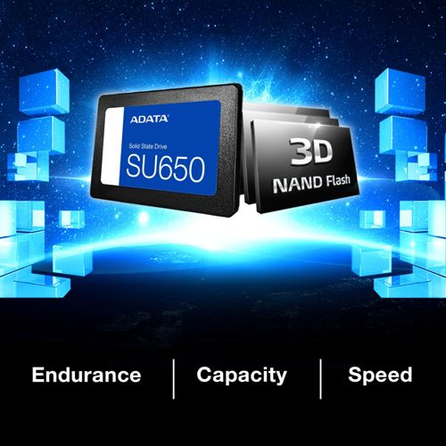 Unità a stato solido ADATA SU650 con memoria flash NAND 3D, su sfondo blu stellato.
