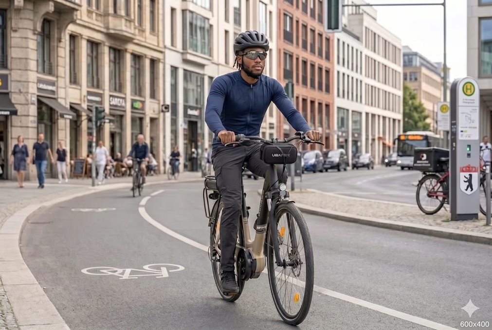 Mann fährt Fahrrad auf einer Straße in der Stadt, Gebäude und Verkehr im Hintergrund.