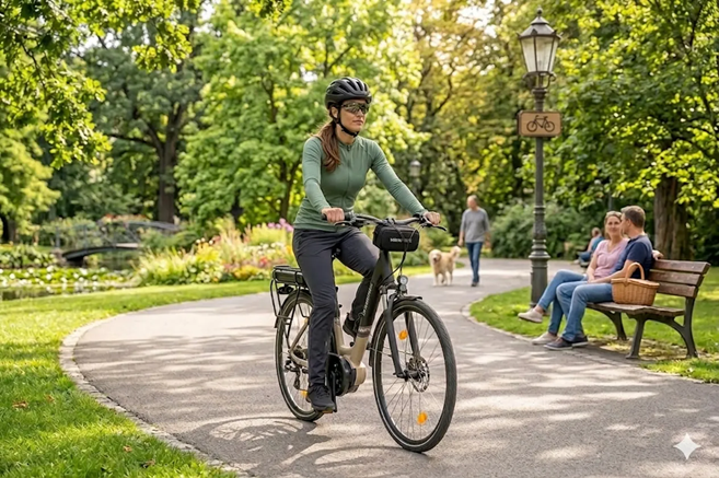 Frau fährt Fahrrad in einem Park, Leute sitzen auf einer Bank im Hintergrund.