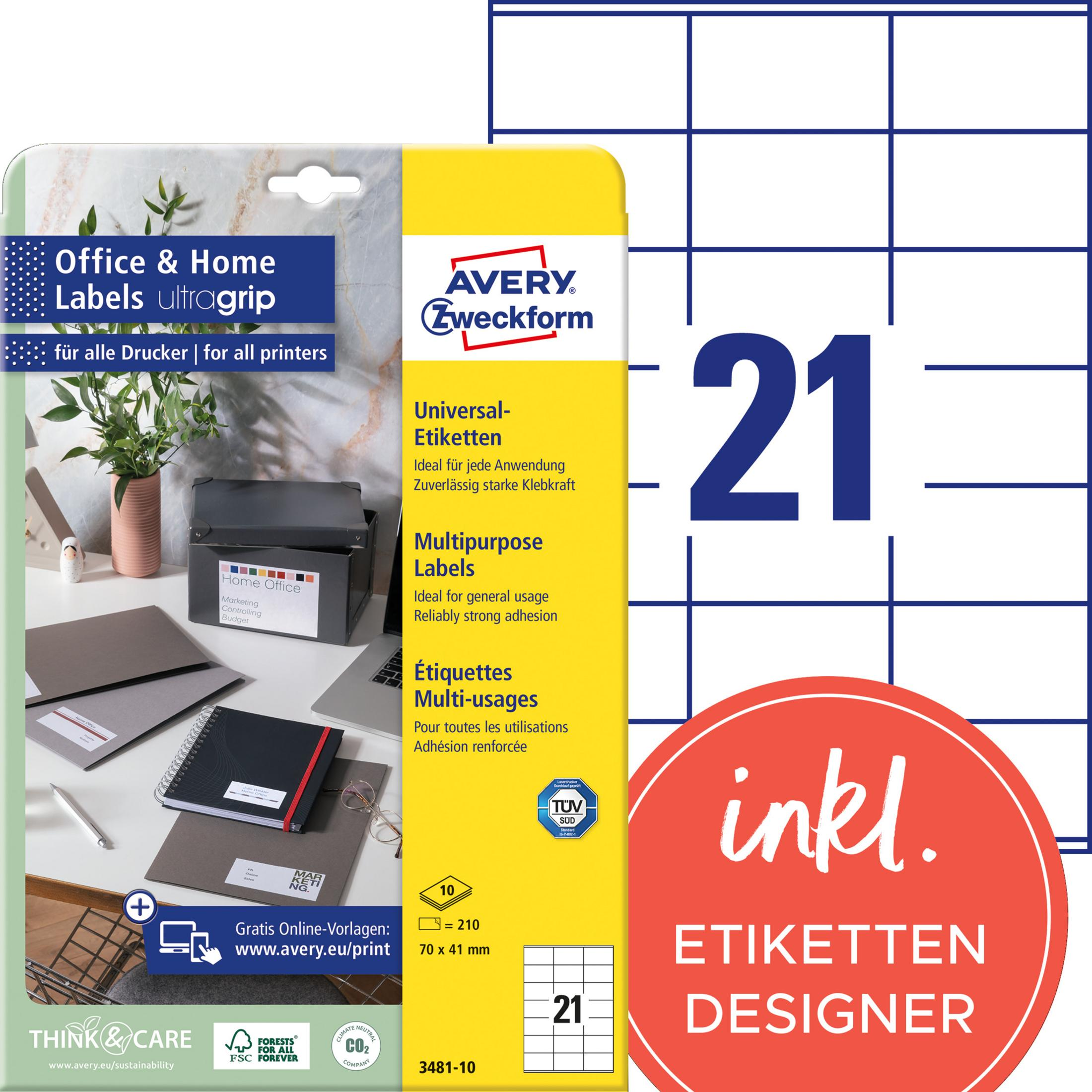Avery Zweckform Etiketten: Universal, Multipurpose, Multi-usages. 210 Etiketten, 70x41mm.