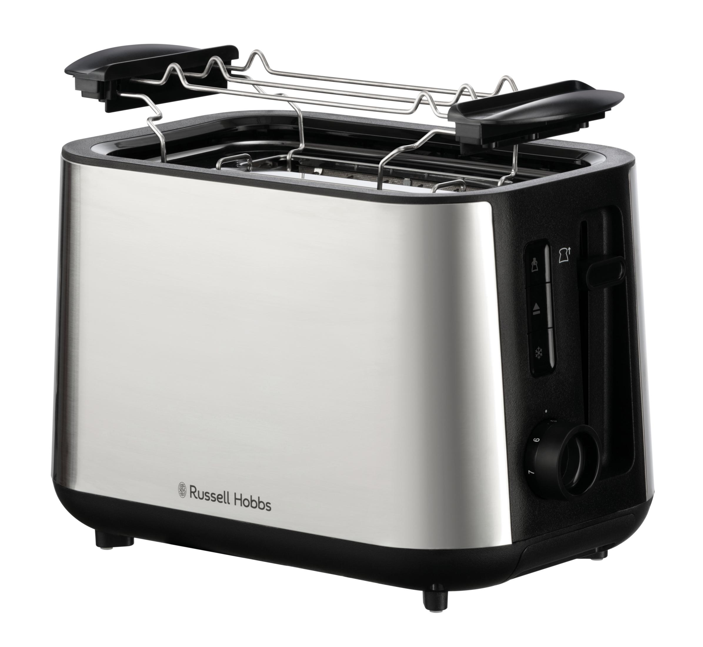 Ein silberner Toaster mit schwarzem Gehäuse und einem Brötchenaufsatz.
