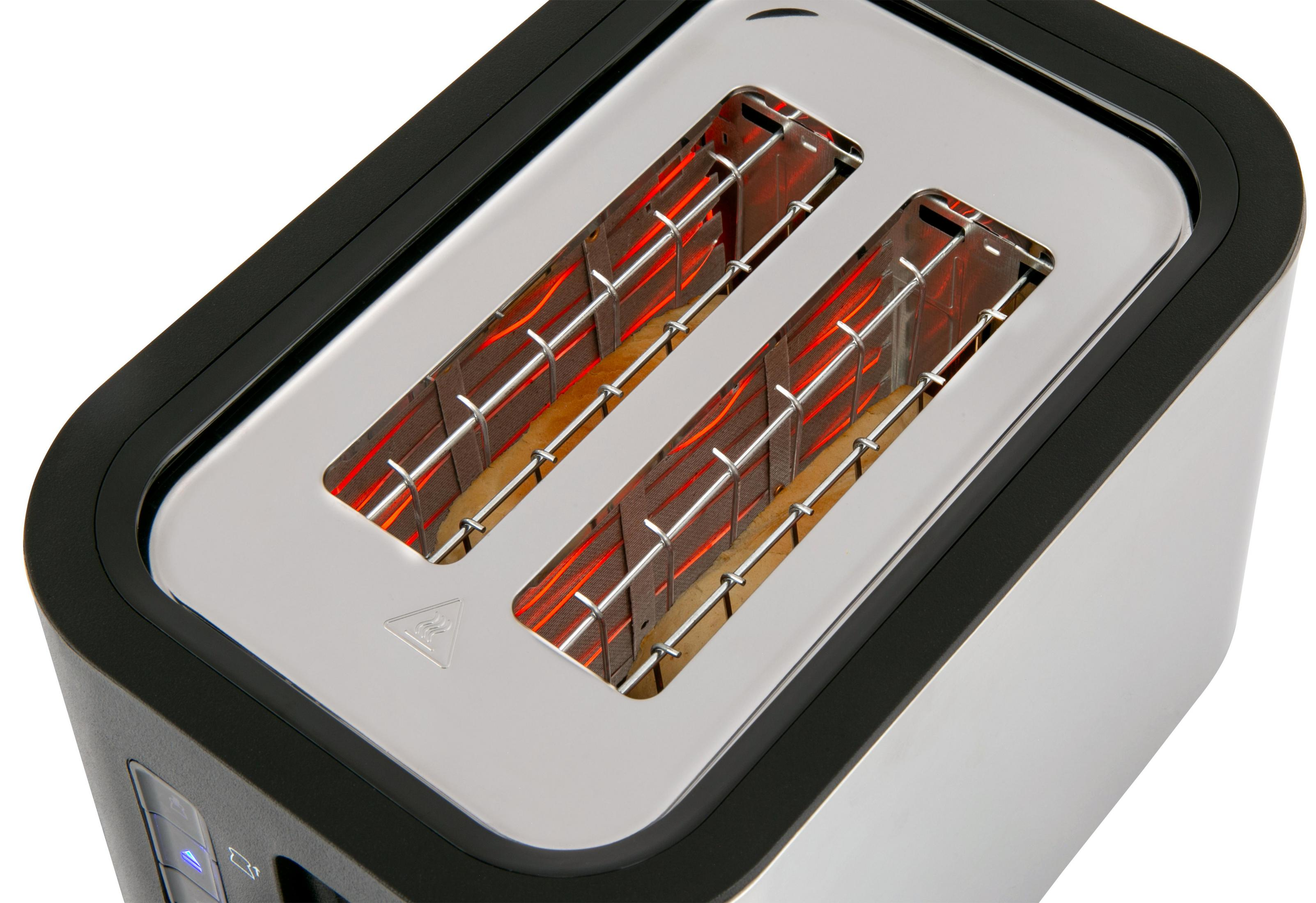 Ein Toaster mit zwei Schlitzen, dessen Heizelemente rot glühen.