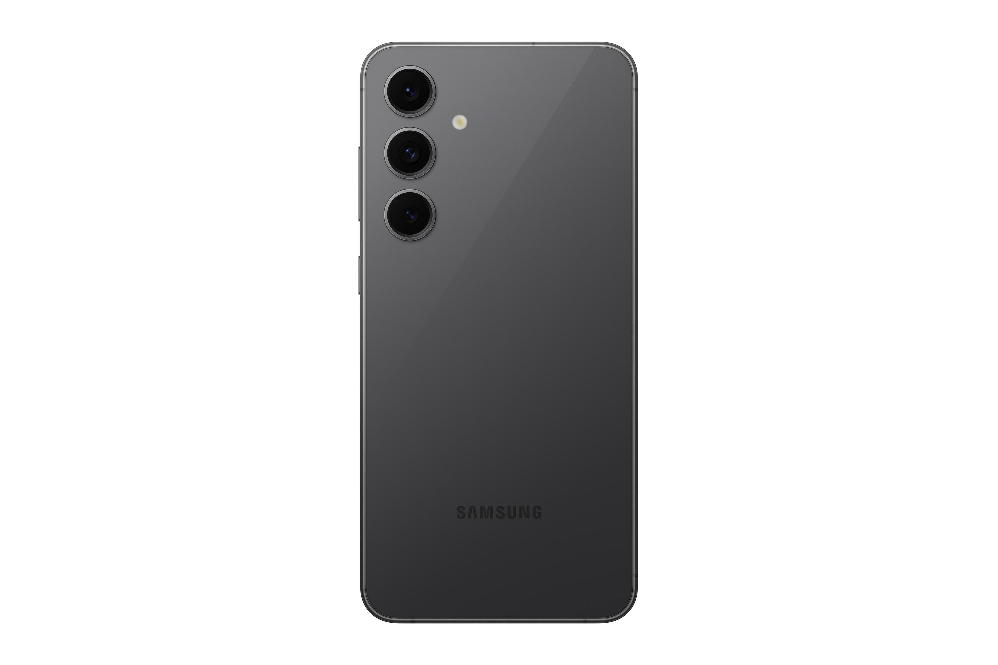 Rückseite eines grauen Samsung Smartphones mit drei Kameras und Blitz.
