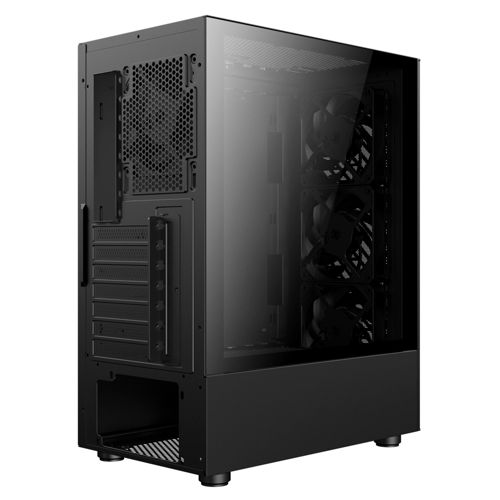 Schwarzes Computergehäuse mit Glasfront und Lüftern. Rückseite mit Anschlüssen.