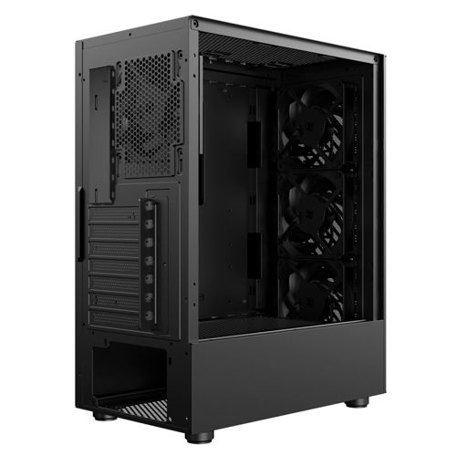 Ein schwarzes Computergehäuse mit drei Lüftern an der Vorderseite und Lüftungsgittern an der Rückseite.