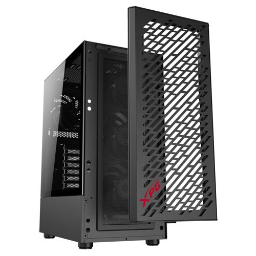 Schwarzes Computergehäuse mit geöffneter Vorderseite und Lüftern im Inneren.