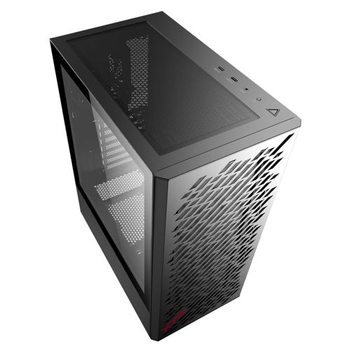 Schwarzes Computergehäuse mit Glasfenster und Gittermuster.