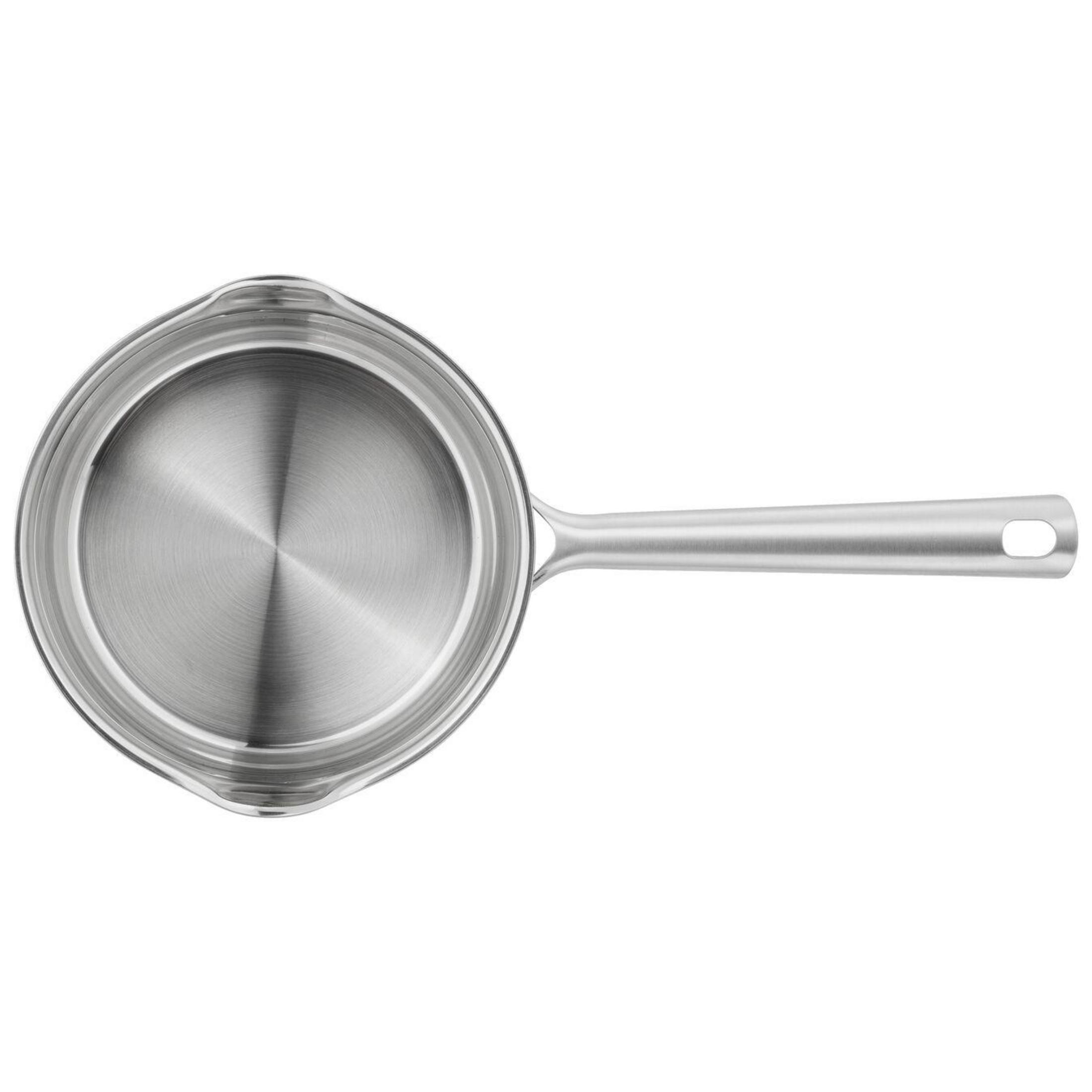 Une casserole argentée avec un long manche, vue de dessus.