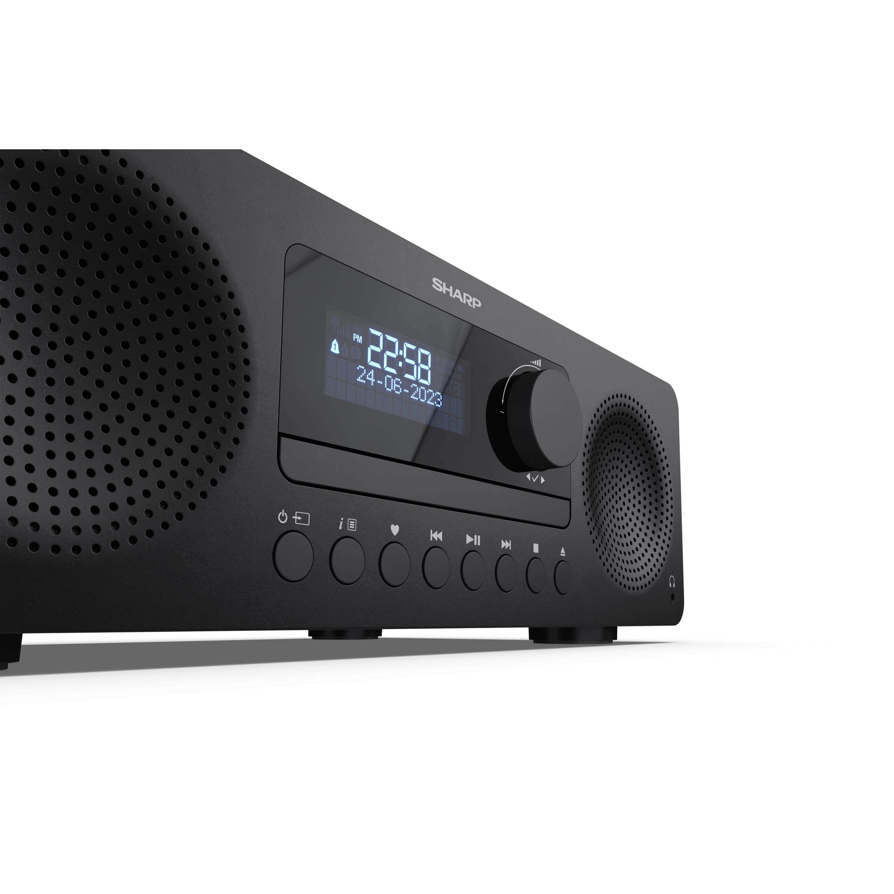 Radio despertador digital SHARP negro con altavoces y botones de control.