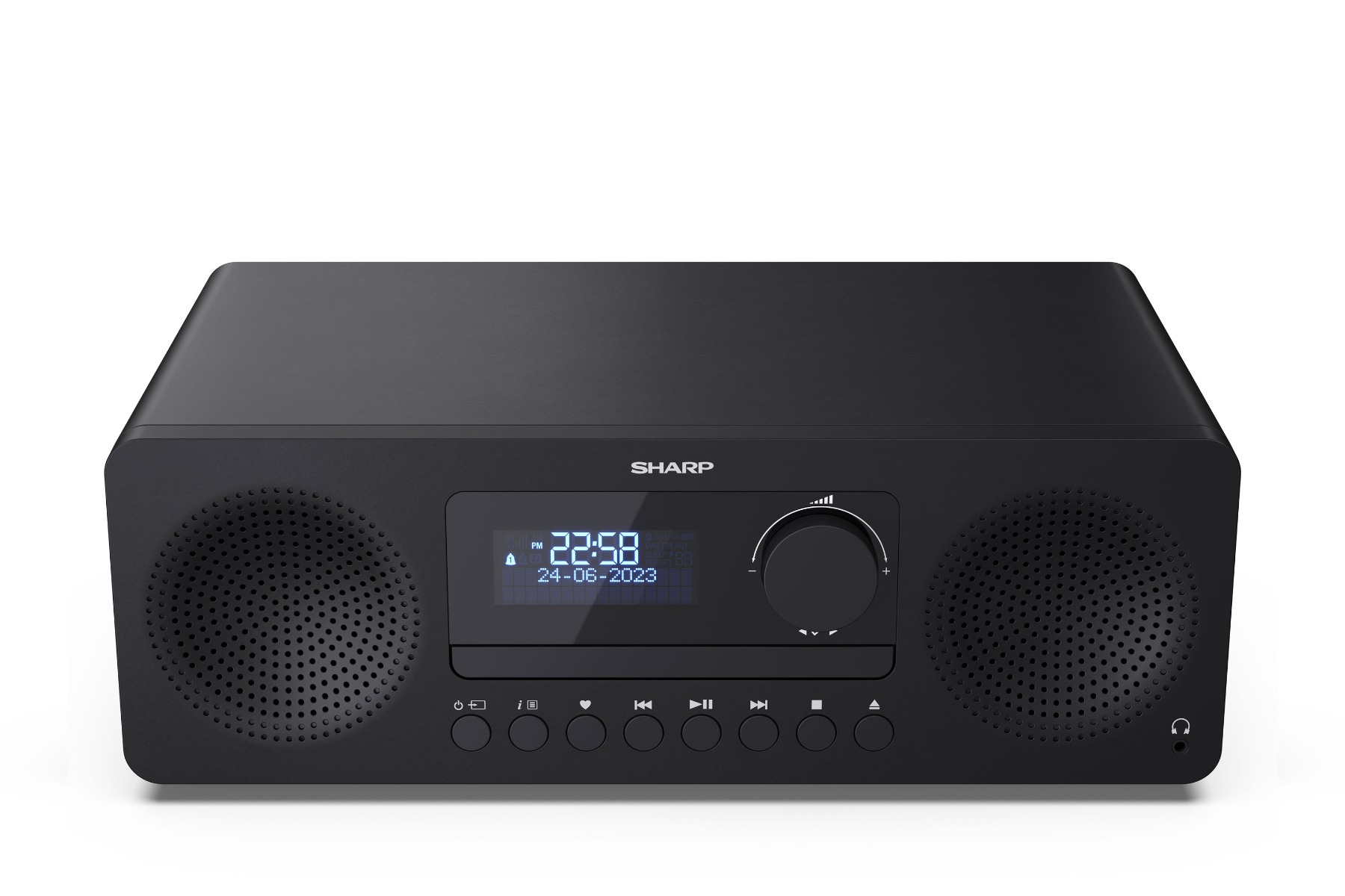 Una radio Sharp negra con altavoces, pantalla y botones de control. Hora: 22:58.