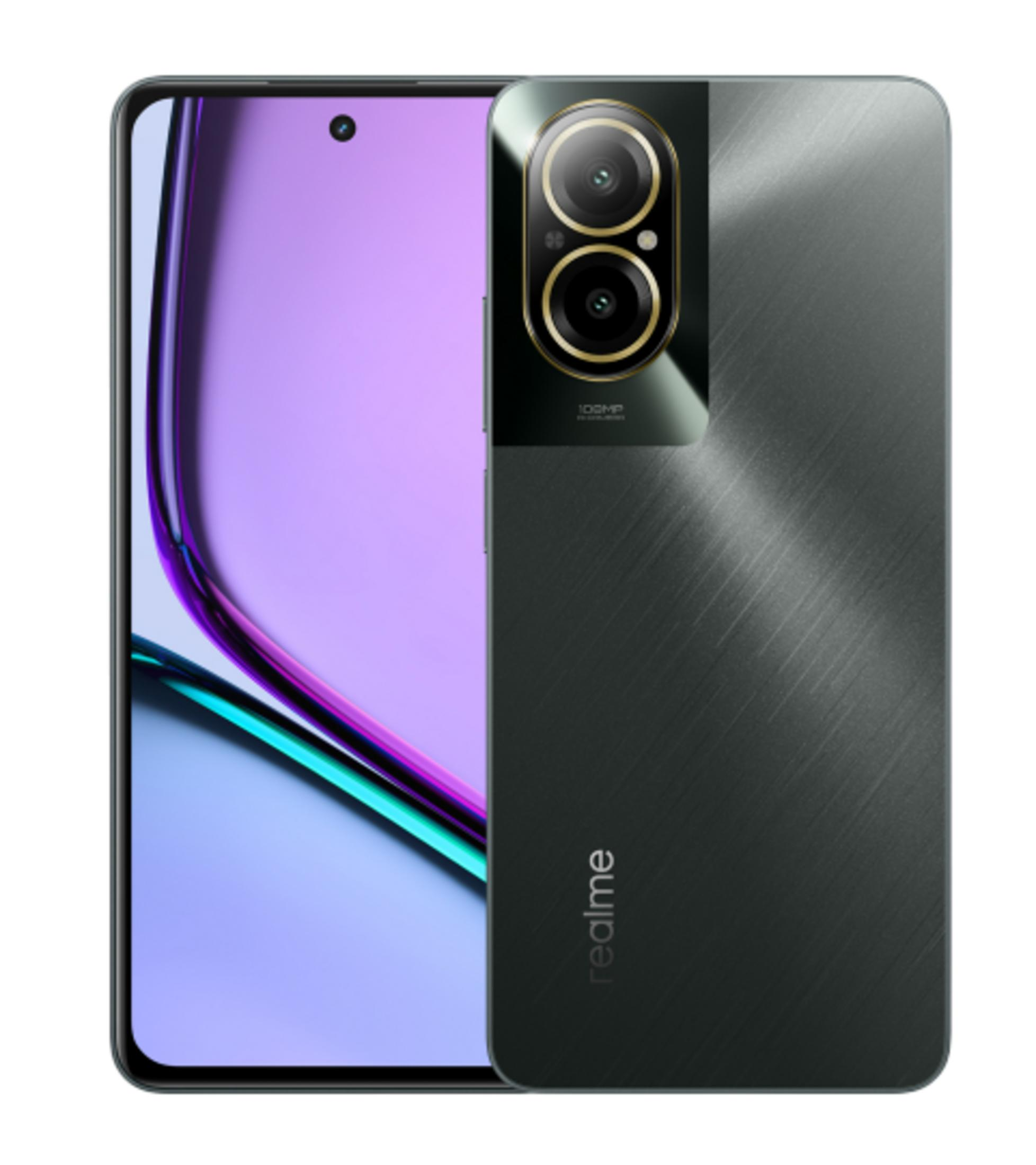 Un smartphone oscuro con acabado cepillado y doble lente de cámara. La pantalla muestra rayas moradas y azules.