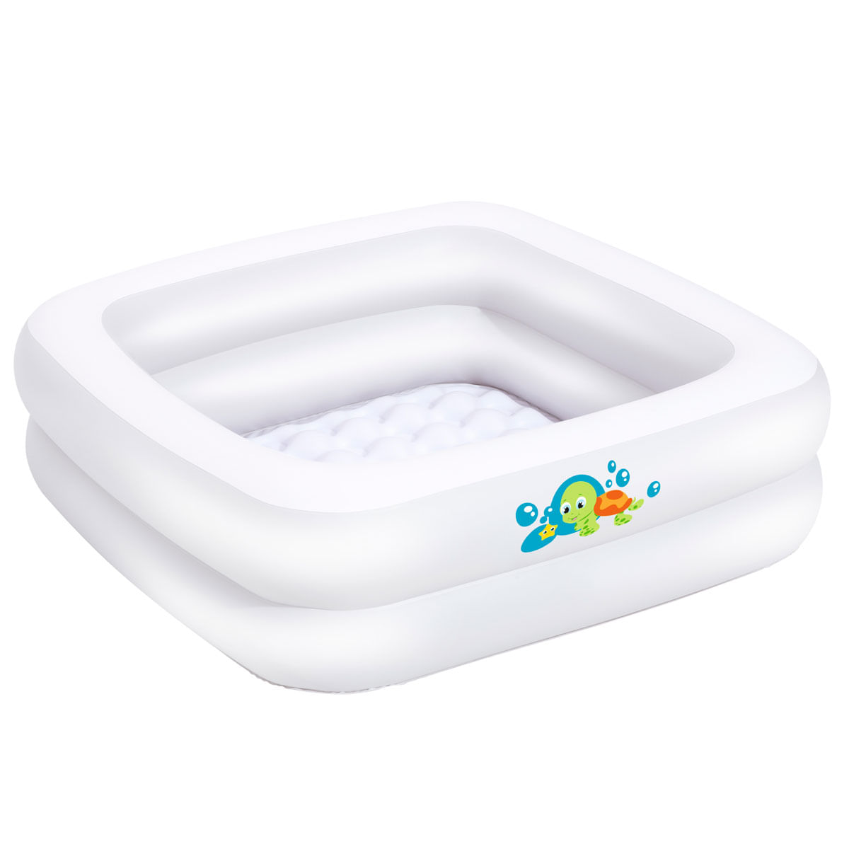Una piscina infantil inflable blanca con un gráfico de tortuga.