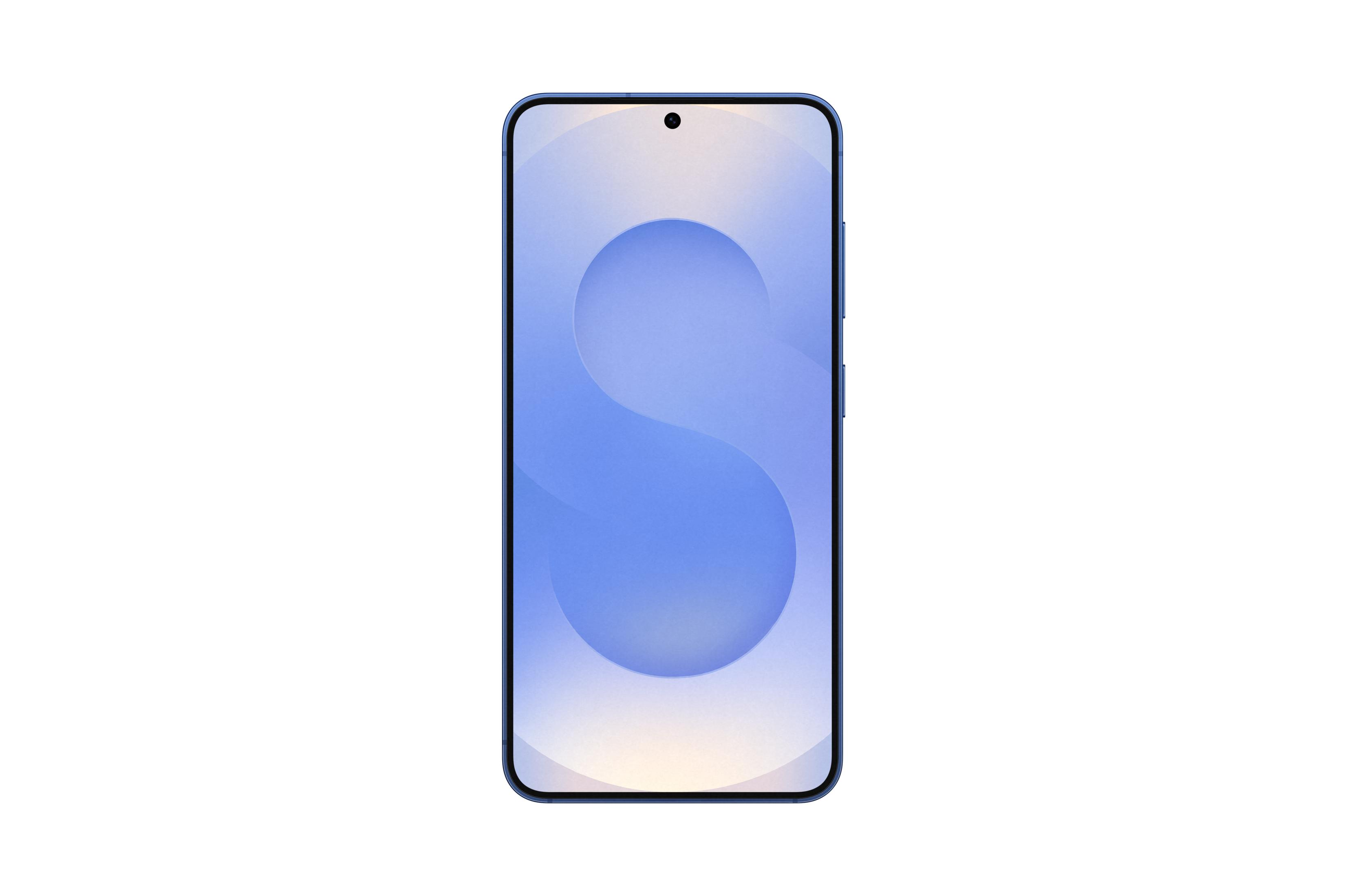 A blue smartphone with a stylized S on its screen.