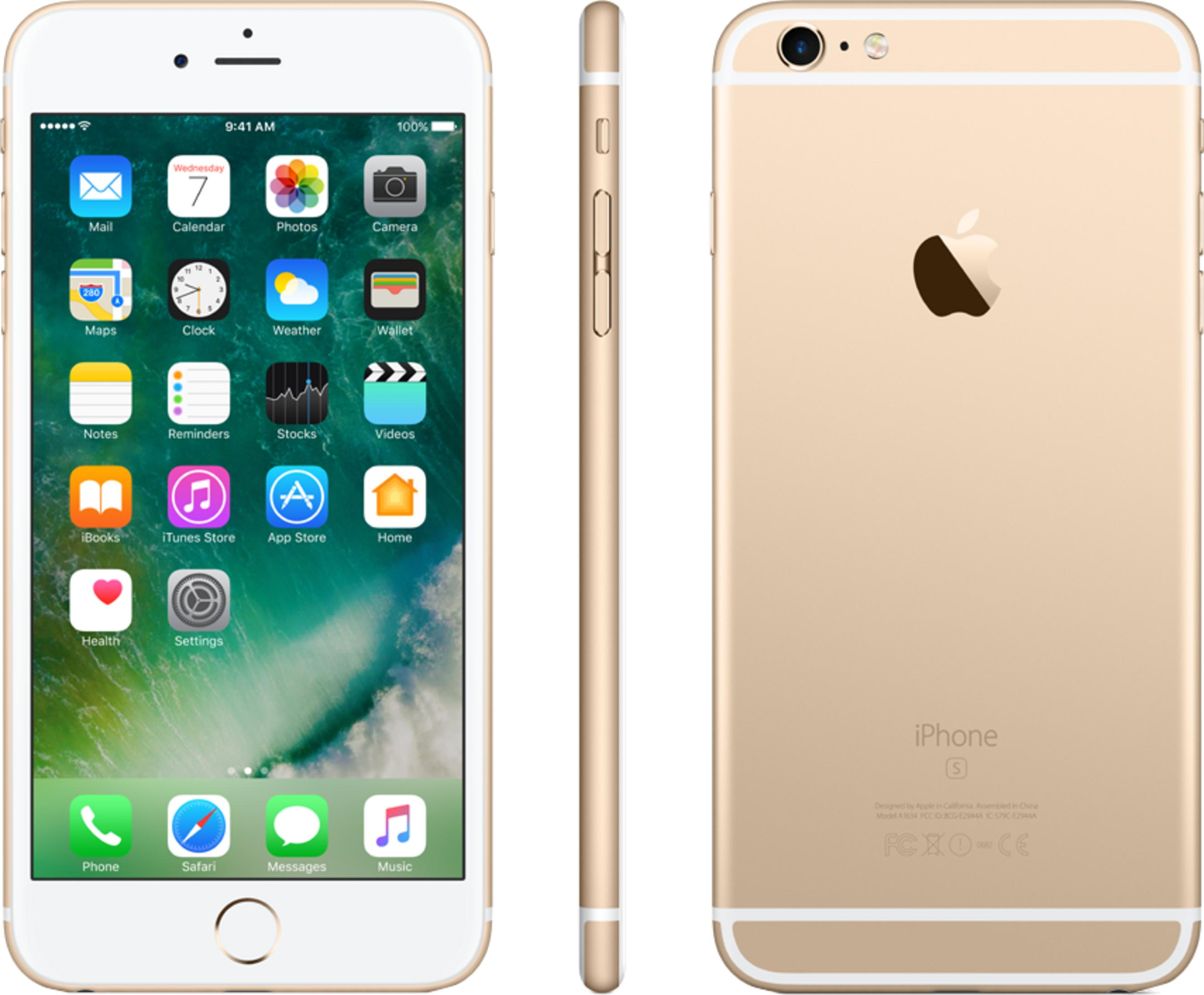 Goldenes iPhone 6s: Vorderseite mit Apps, Seitenansicht und Rückseite mit Apple-Logo.