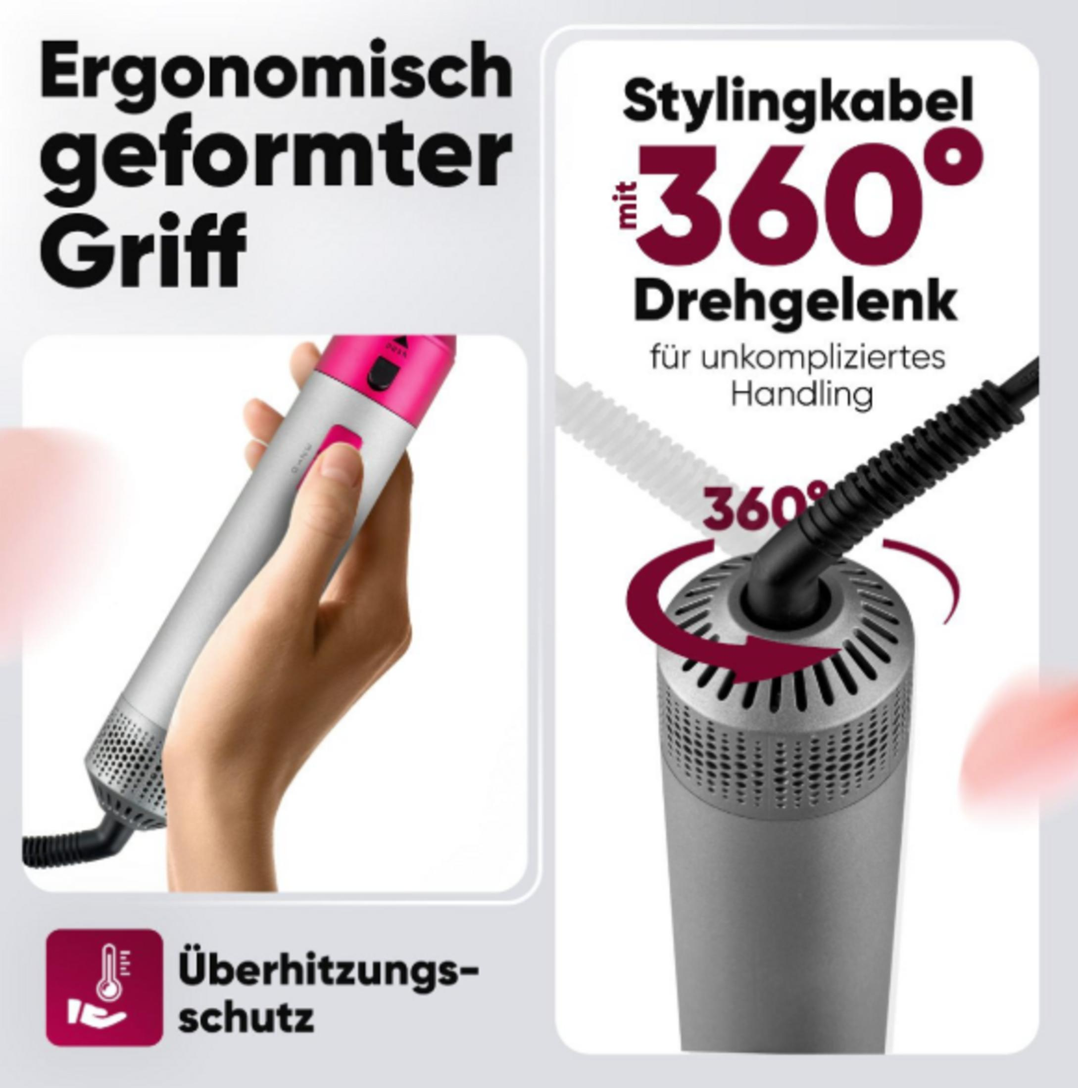 Un styler per capelli dalla forma ergonomica con cavo girevole a 360° e protezione dal surriscaldamento.
