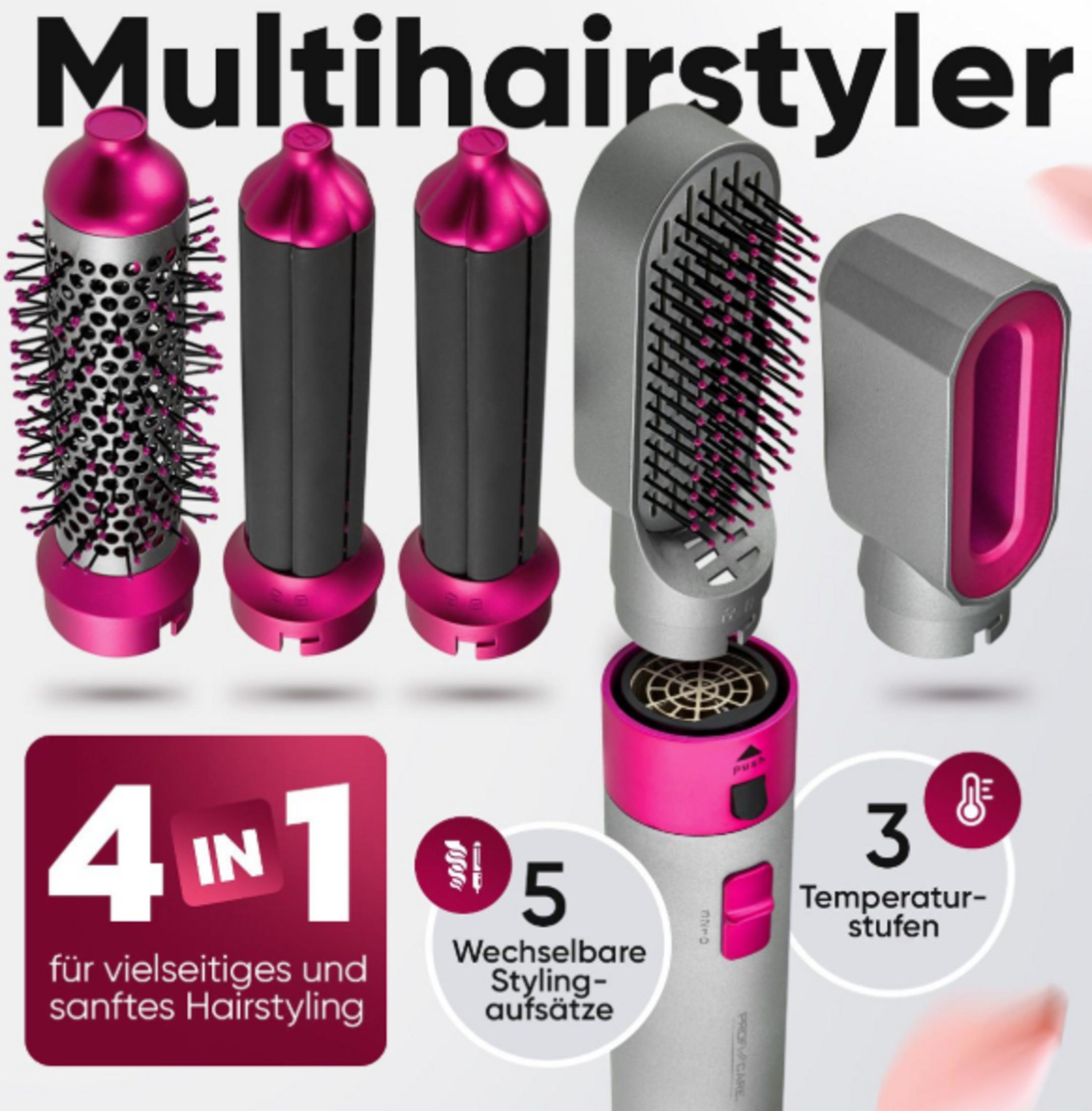 Un multi-styling grigio e rosa con quattro accessori.