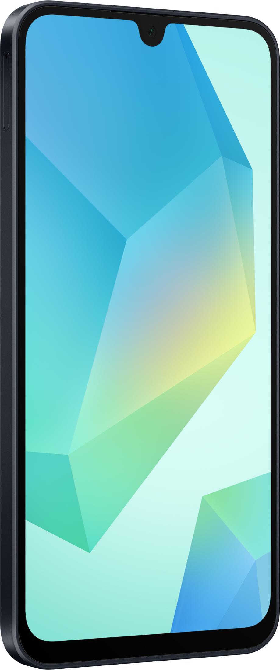 Un smartphone oscuro muestra un fondo abstracto azul y verde.