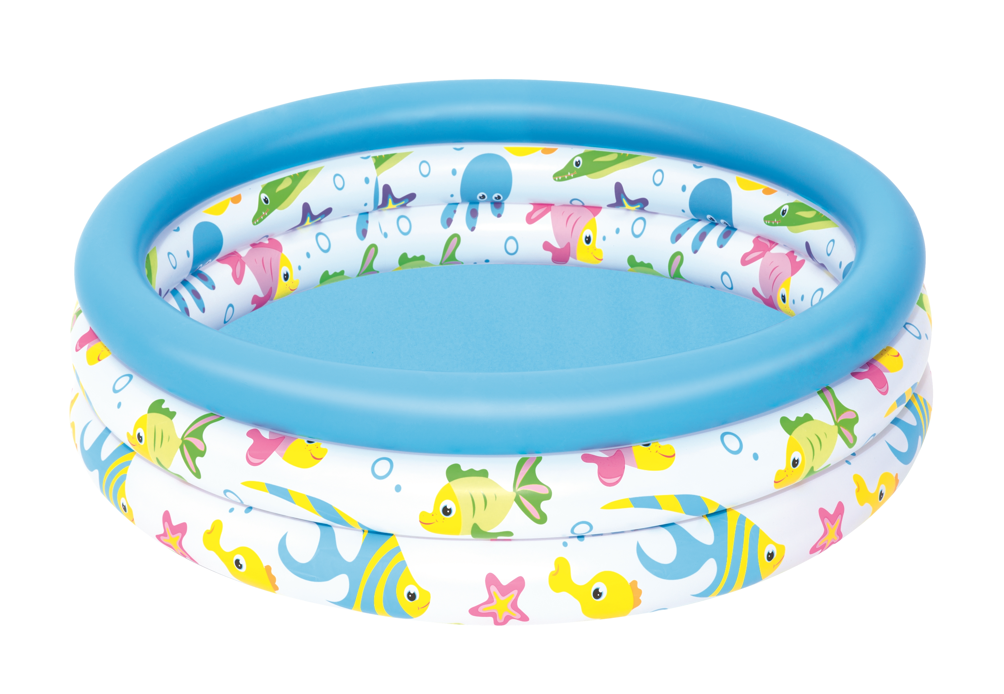 Piscina inflable con borde azul y temática submarina con peces, pulpos y cocodrilos.