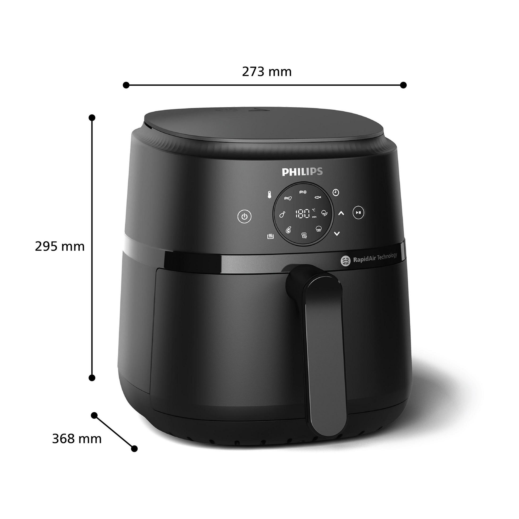 Freidora de aire Philips negra con controles digitales y dimensiones.