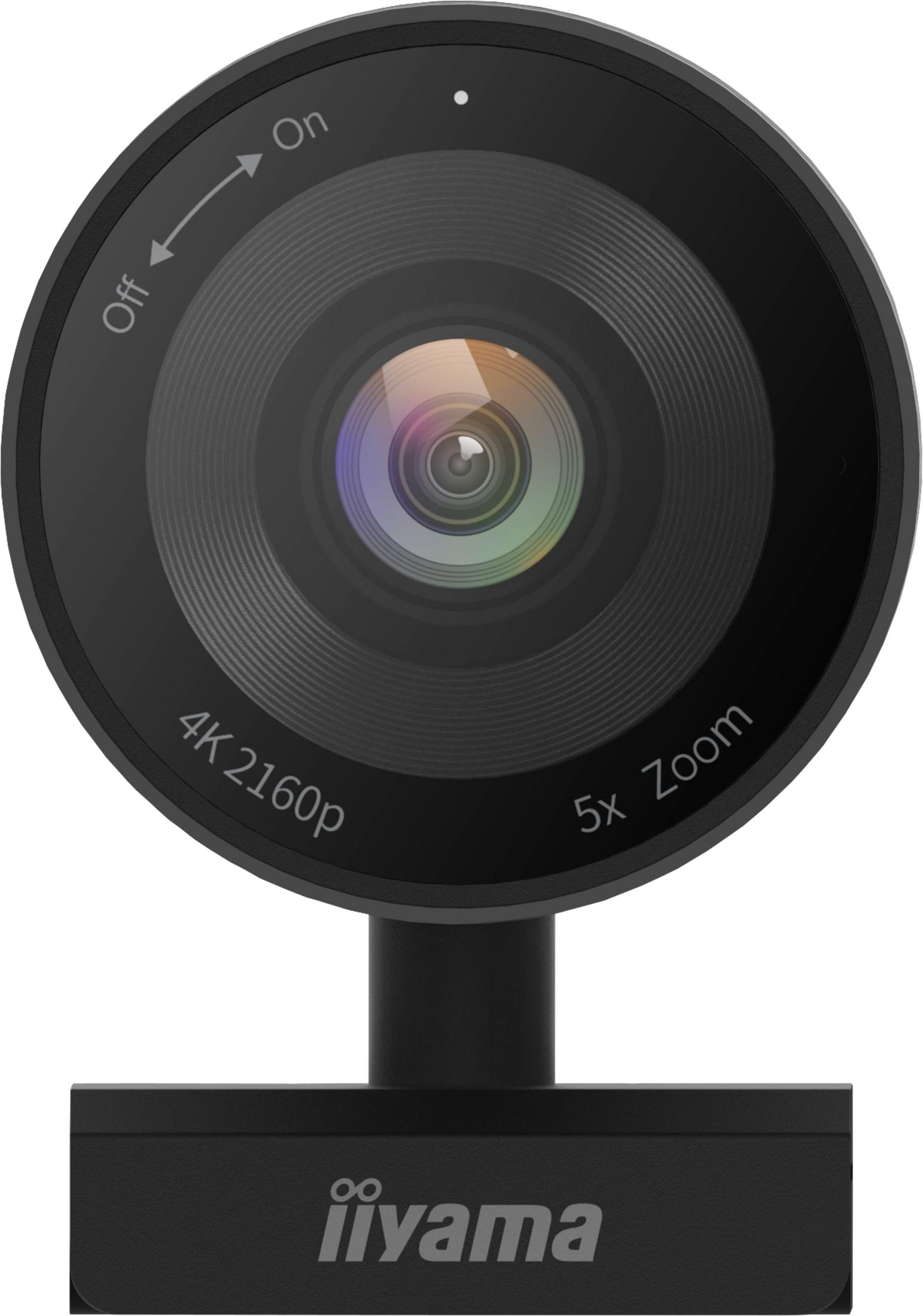 Een zwarte webcam met 4K 2160p resolutie en 5x zoom.