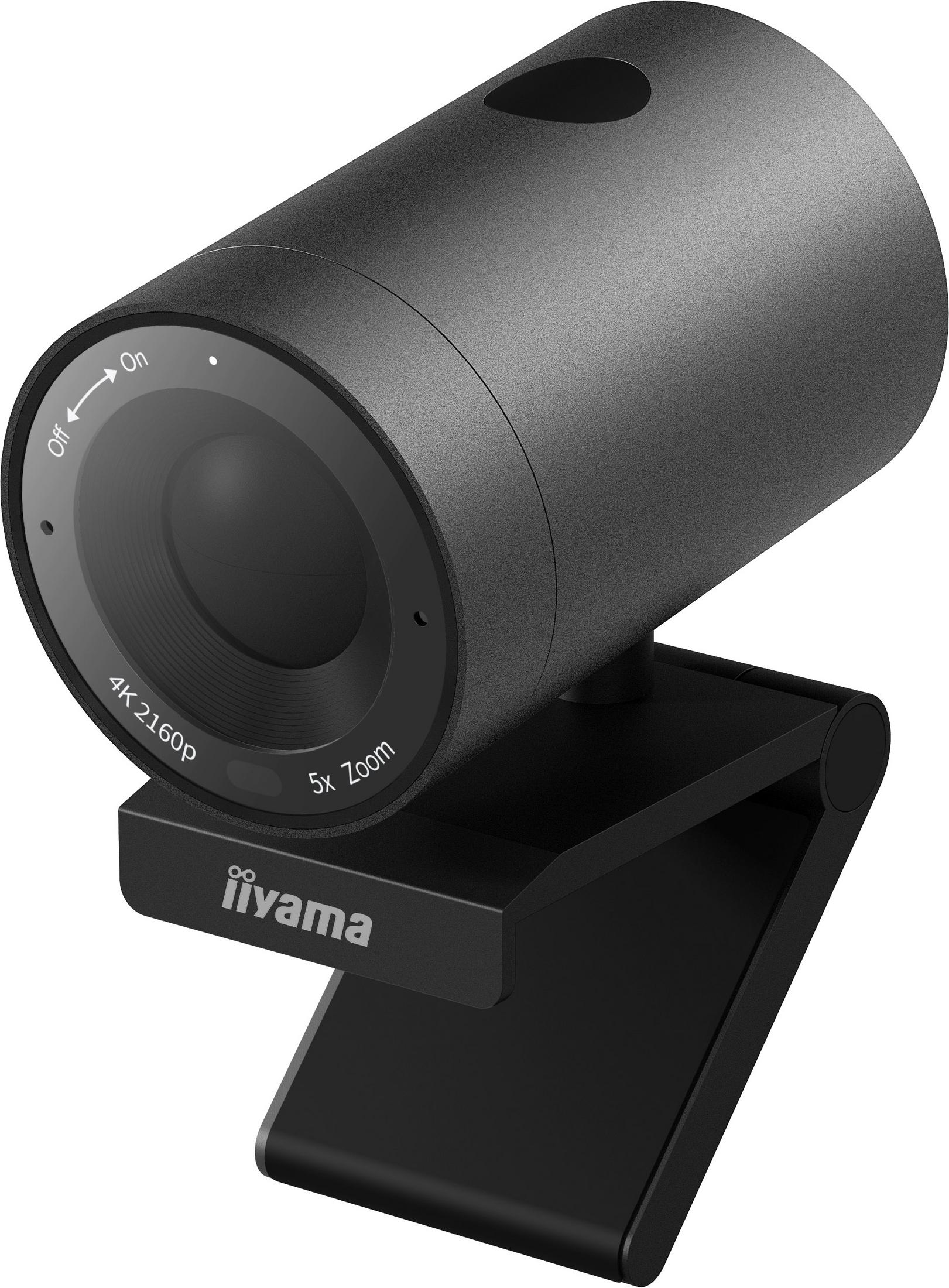 Een zwarte webcam met 4K-resolutie en 5x zoom.
