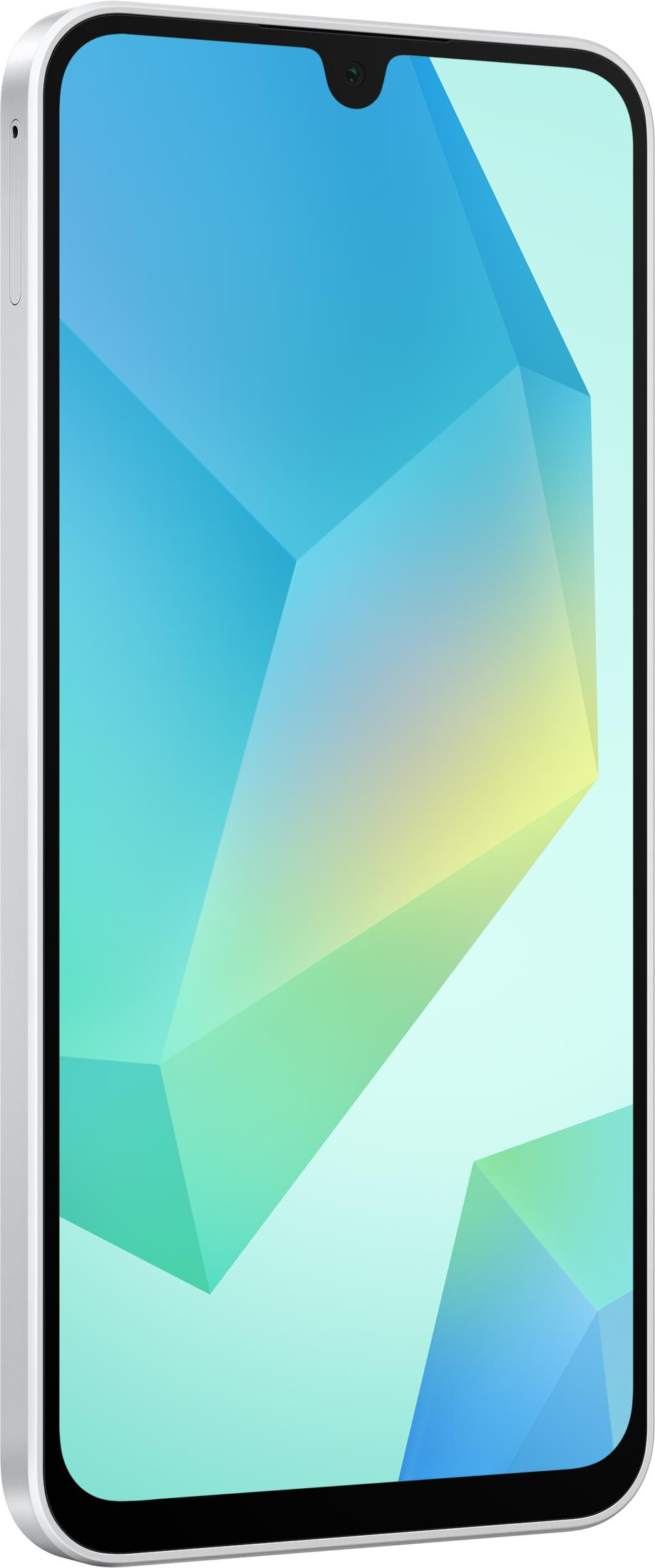 Uno smartphone argentato con uno sfondo astratto e sfaccettato.