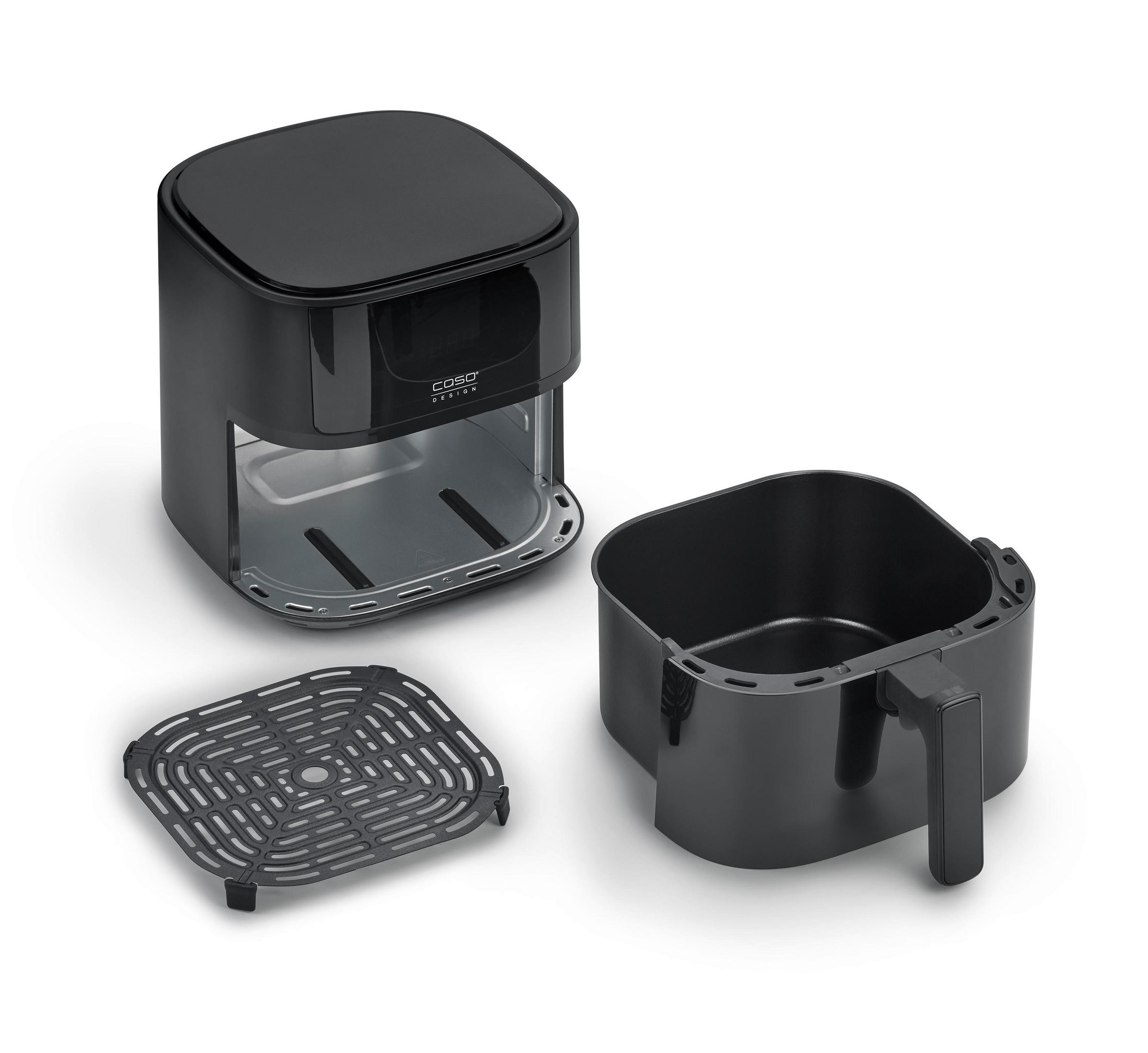 Schwarze Heißluftfritteuse mit Korb und Grillrost auf weißem Hintergrund.
