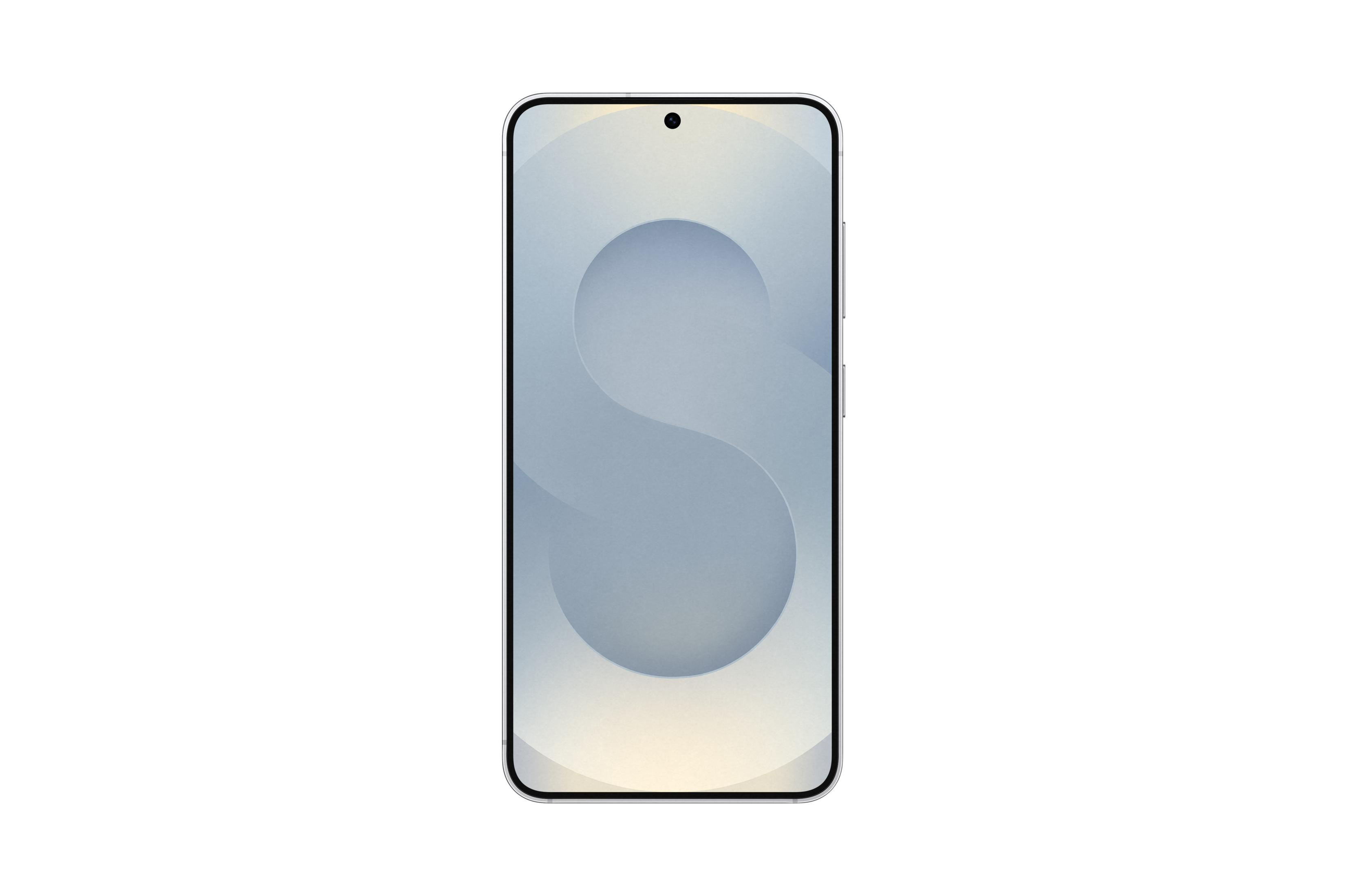 Un smartphone elegante con marco plateado y fondo azul abstracto.