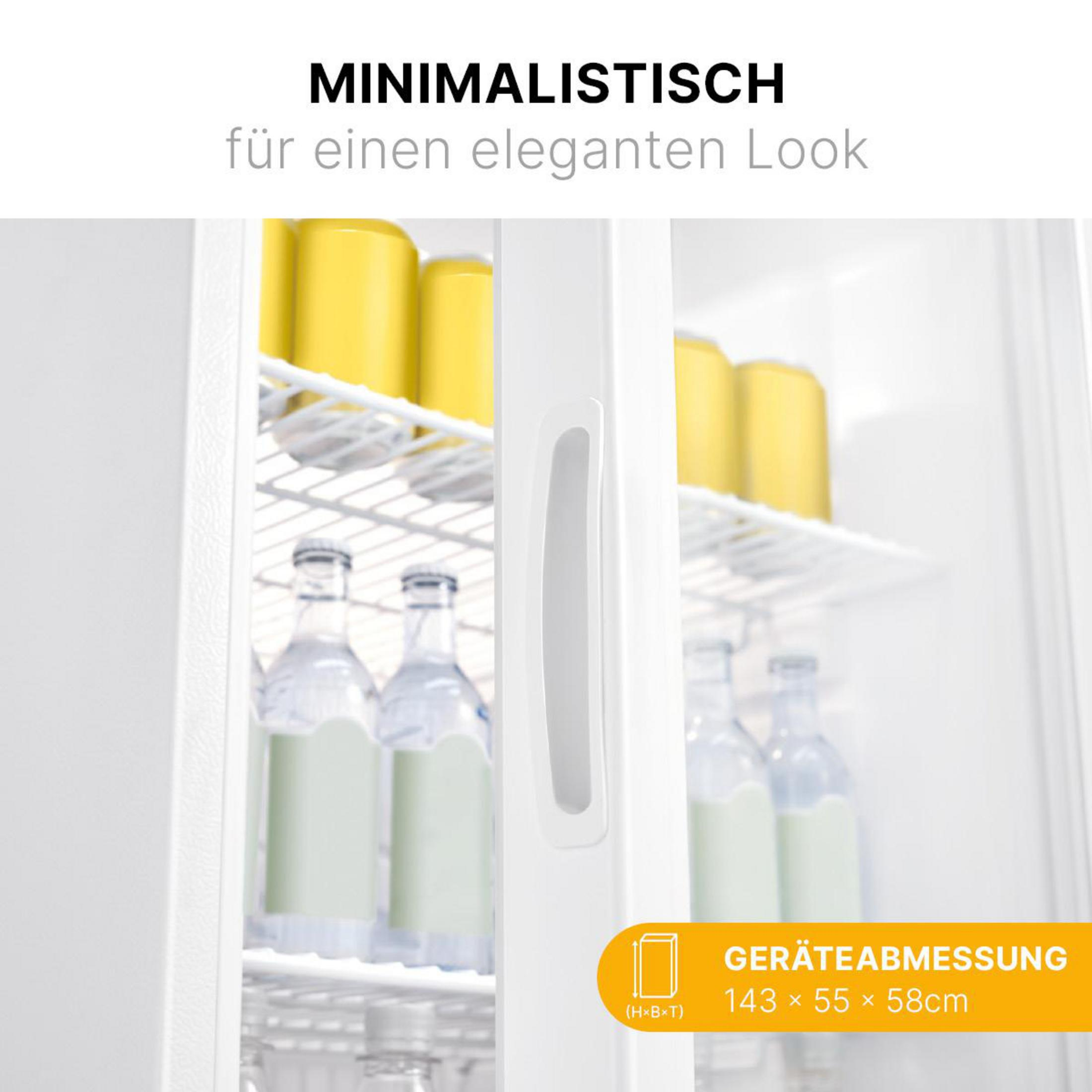 Ein Kühlschrank mit Flaschen und gelben Behältern auf Regalen.