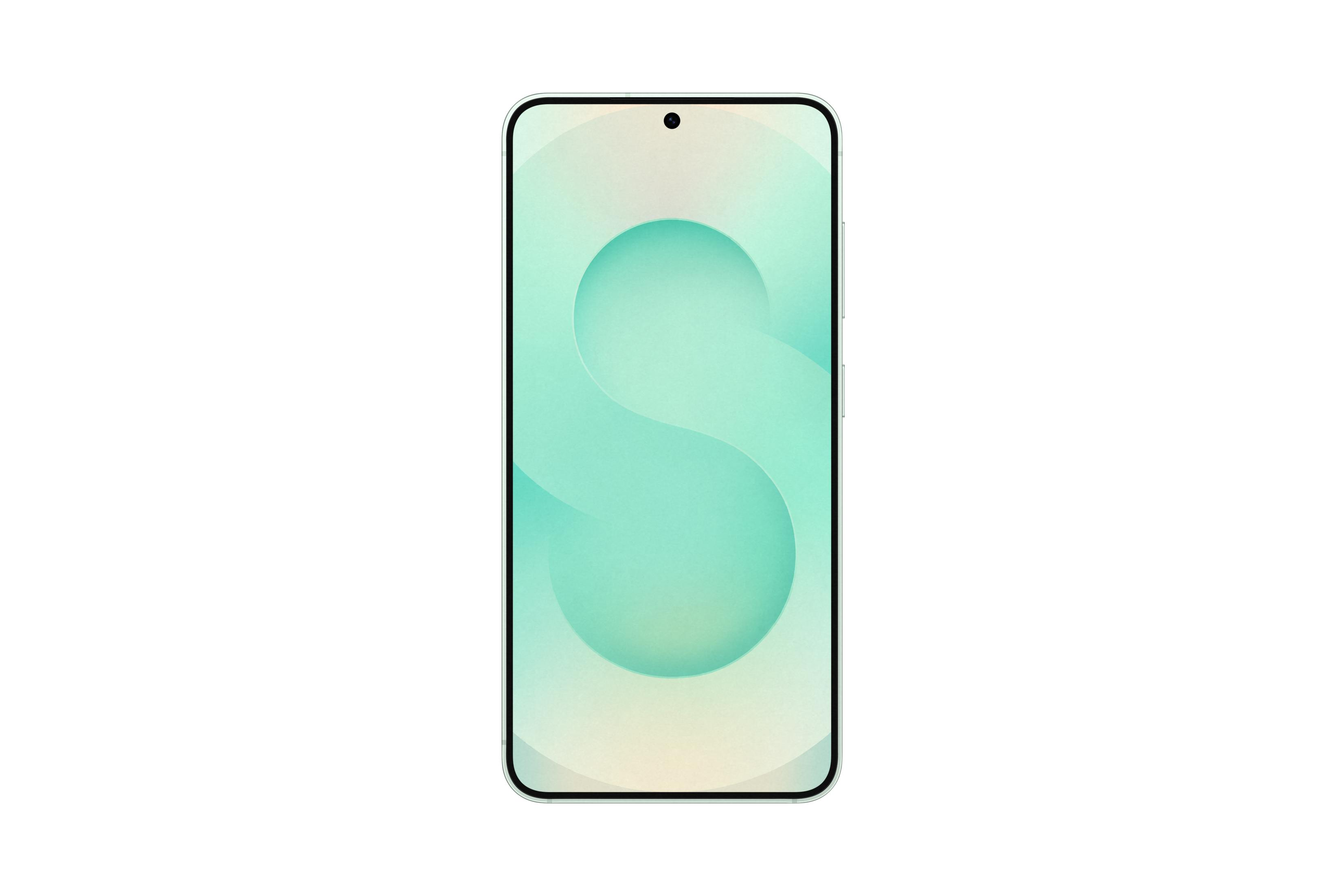 Ein schlankes Smartphone mit einem mintgrünen Hintergrund und einem Kreisdesign.