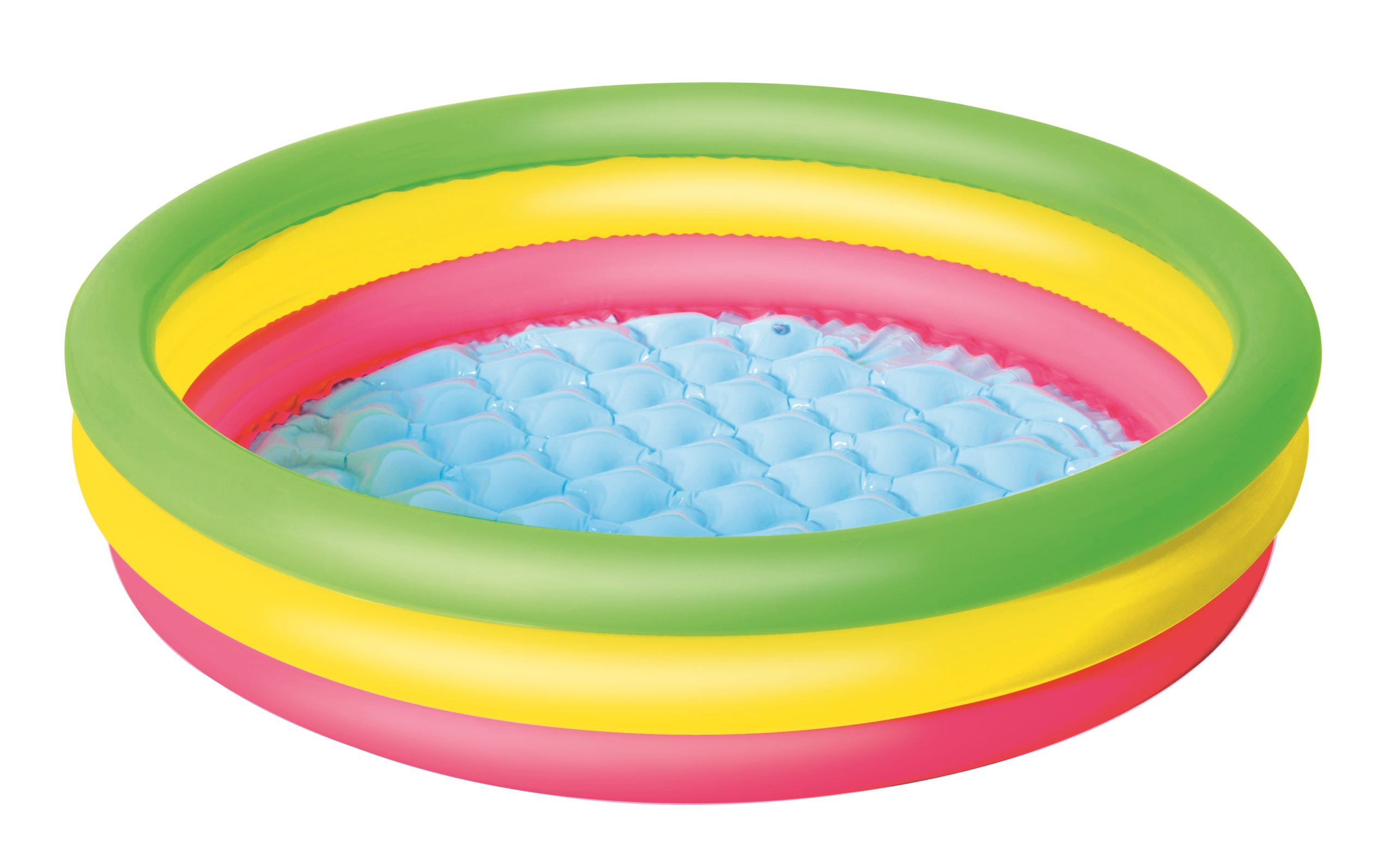 Una piscina inflable con tres anillos de colores: verde, amarillo y rosa. El fondo es azul.