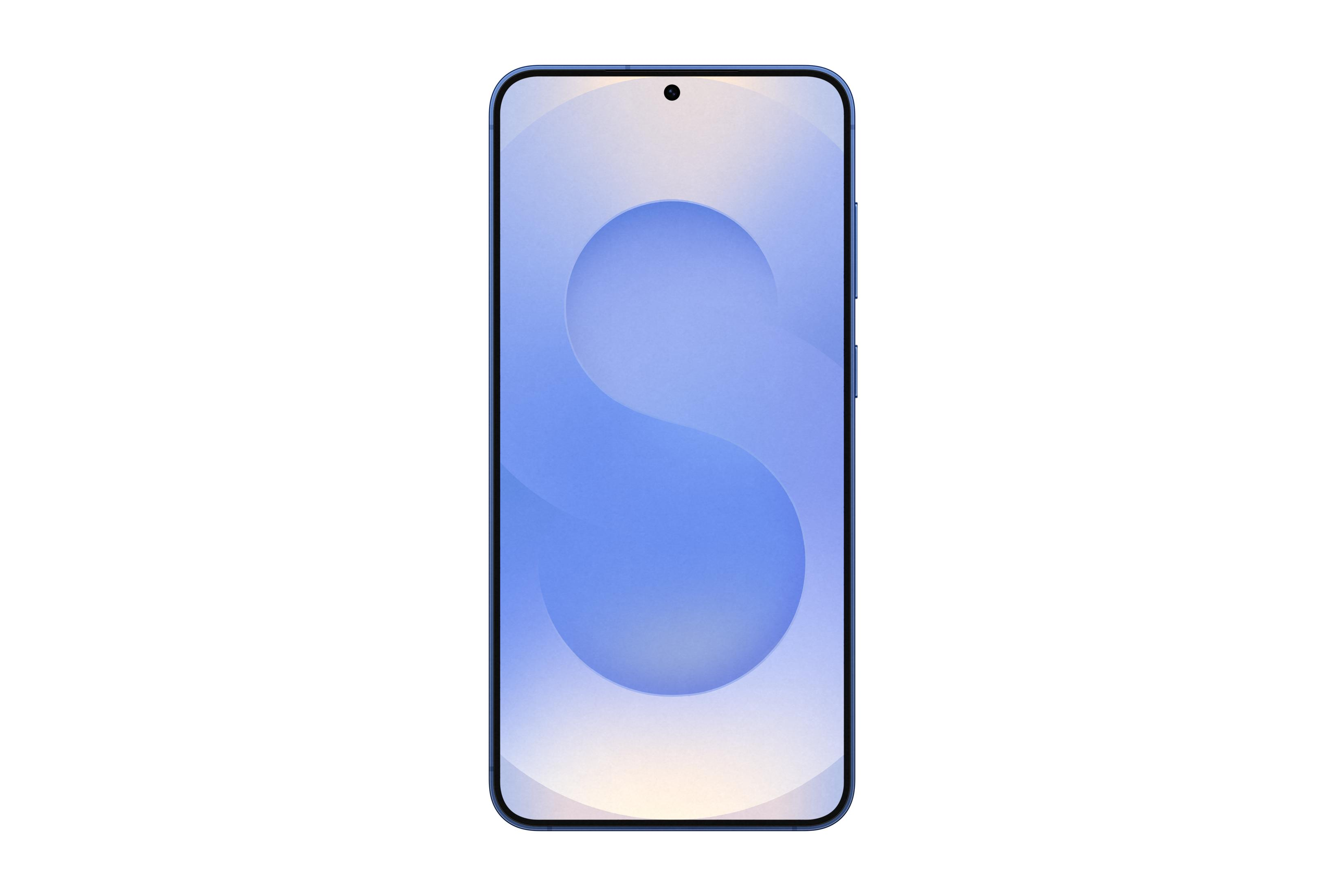 Een slanke blauwe smartphone met een gestileerde S-vormige achtergrond.