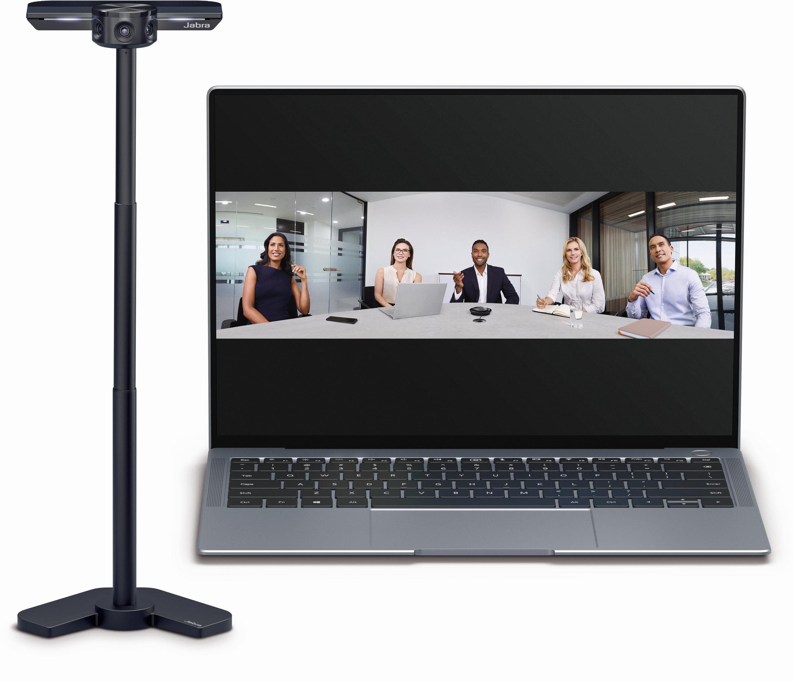 Telecamera Jabra e laptop mostrano una riunione con cinque persone.