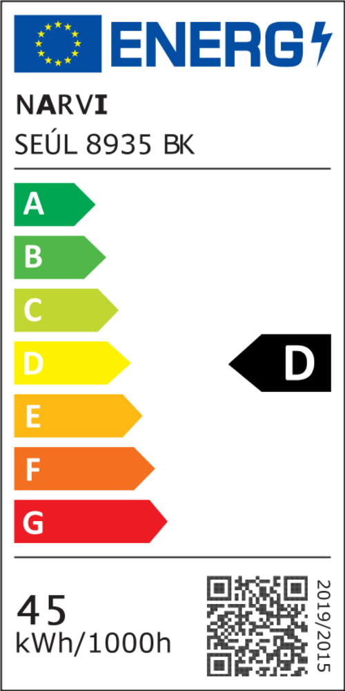 Etiqueta energética con NARVI SEÚL 8935 BK, eficiencia D, 45 kWh/1000h.