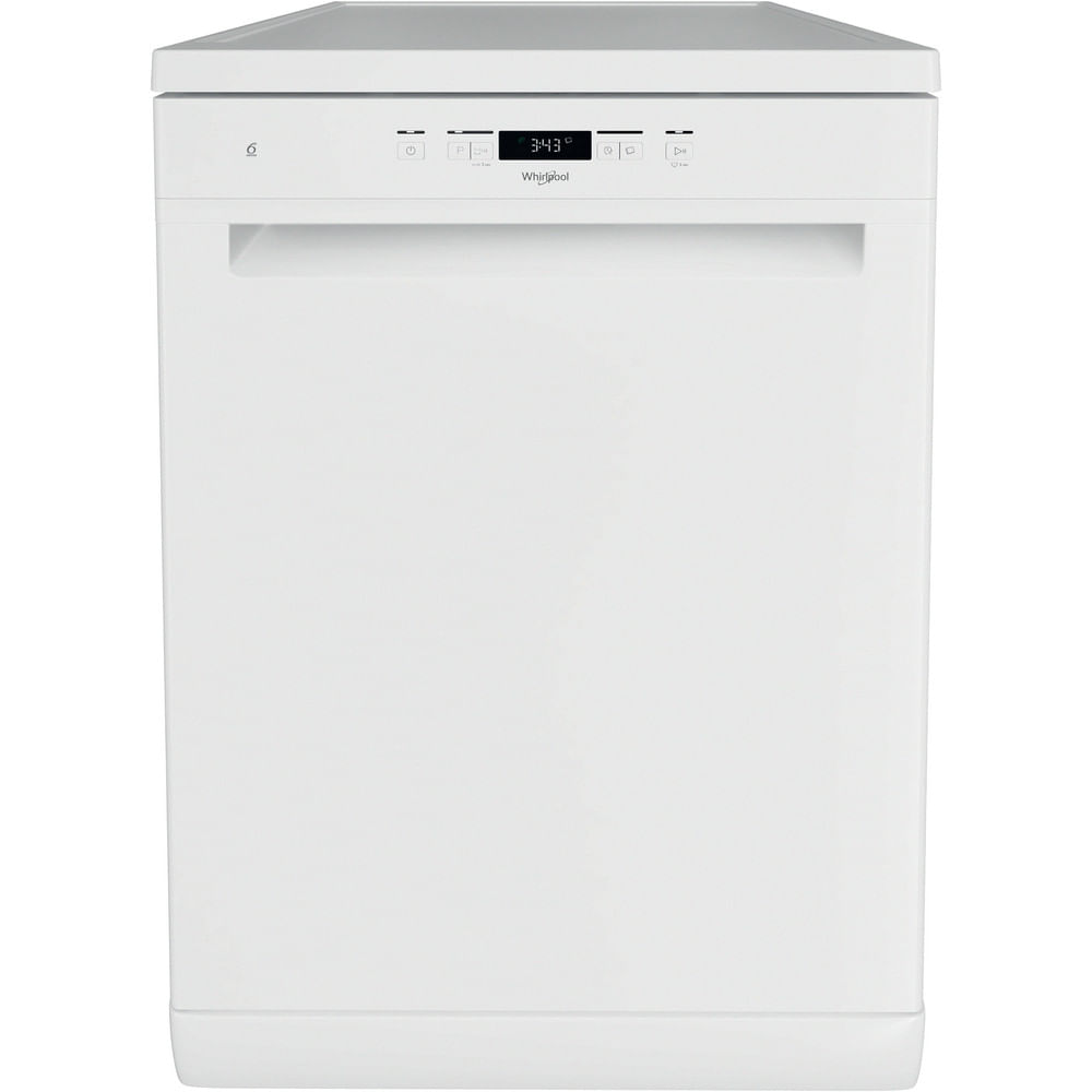 White dishwasher with digital display and control panel.