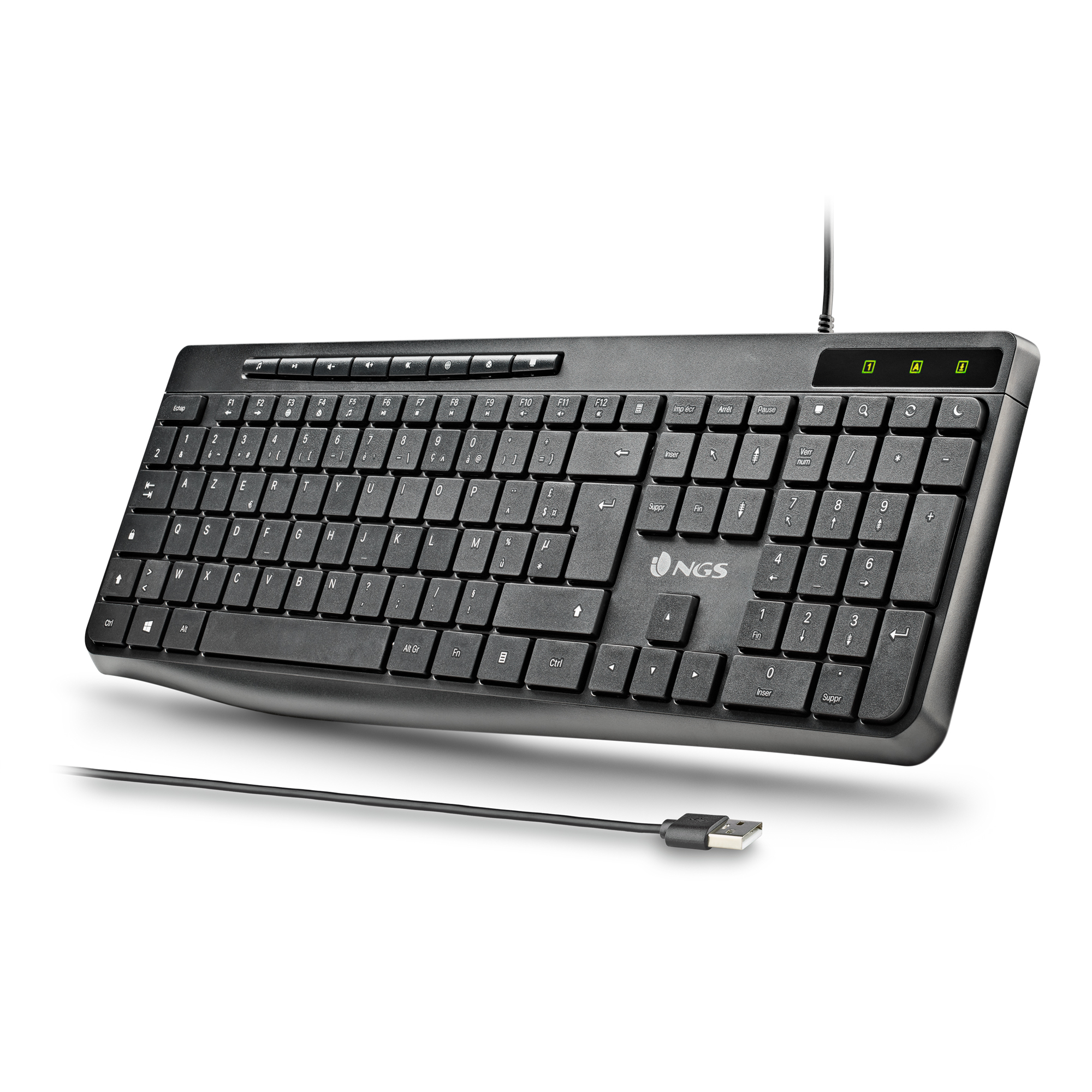 Tastiera nera con cavo USB, primo piano, sfondo bianco.
