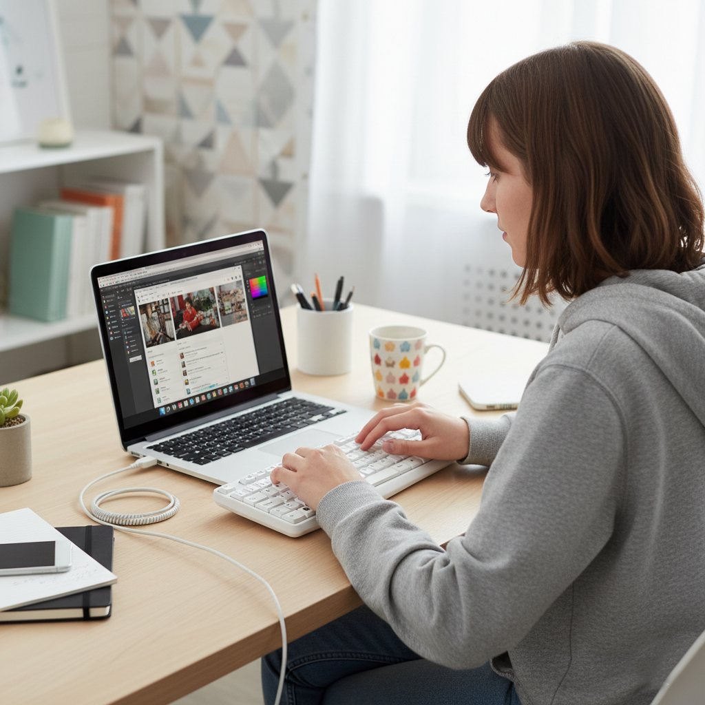 Una donna digita su una tastiera esterna collegata a un laptop.