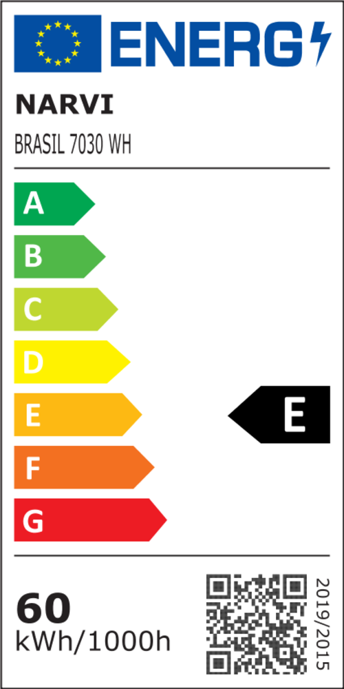 Etiqueta energética con Narvi, Brasil 7030 WH, clase E, 60 kWh/1000h.