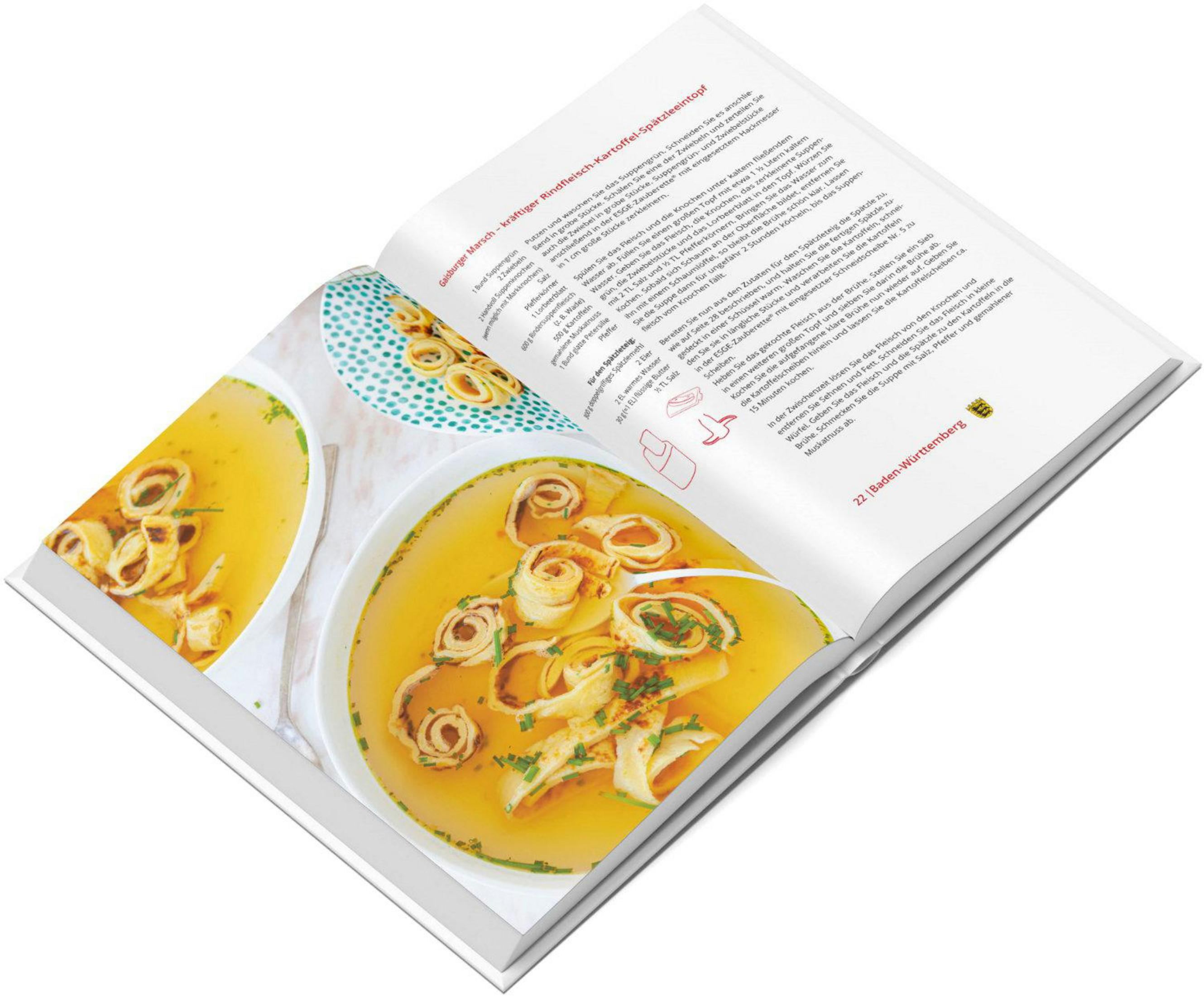 Ein Kochbuch zeigt eine detaillierte Ansicht von Gaisburger Marsch, einer Rindfleisch-Kartoffel-Spätzlesuppe.