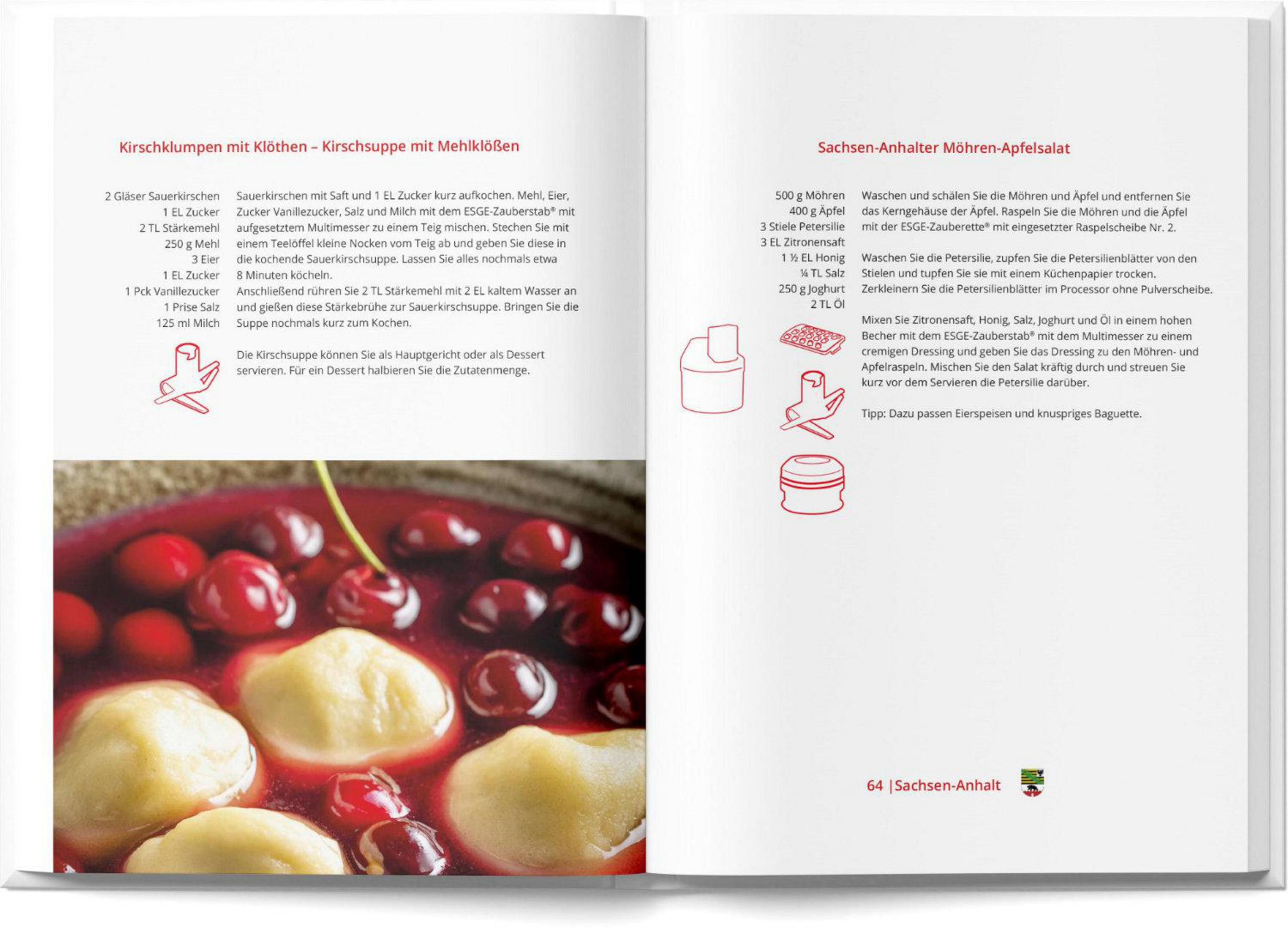 Rezeptbuchseite mit Kirschsuppe und Klößen sowie Möhren-Apfelsalat.