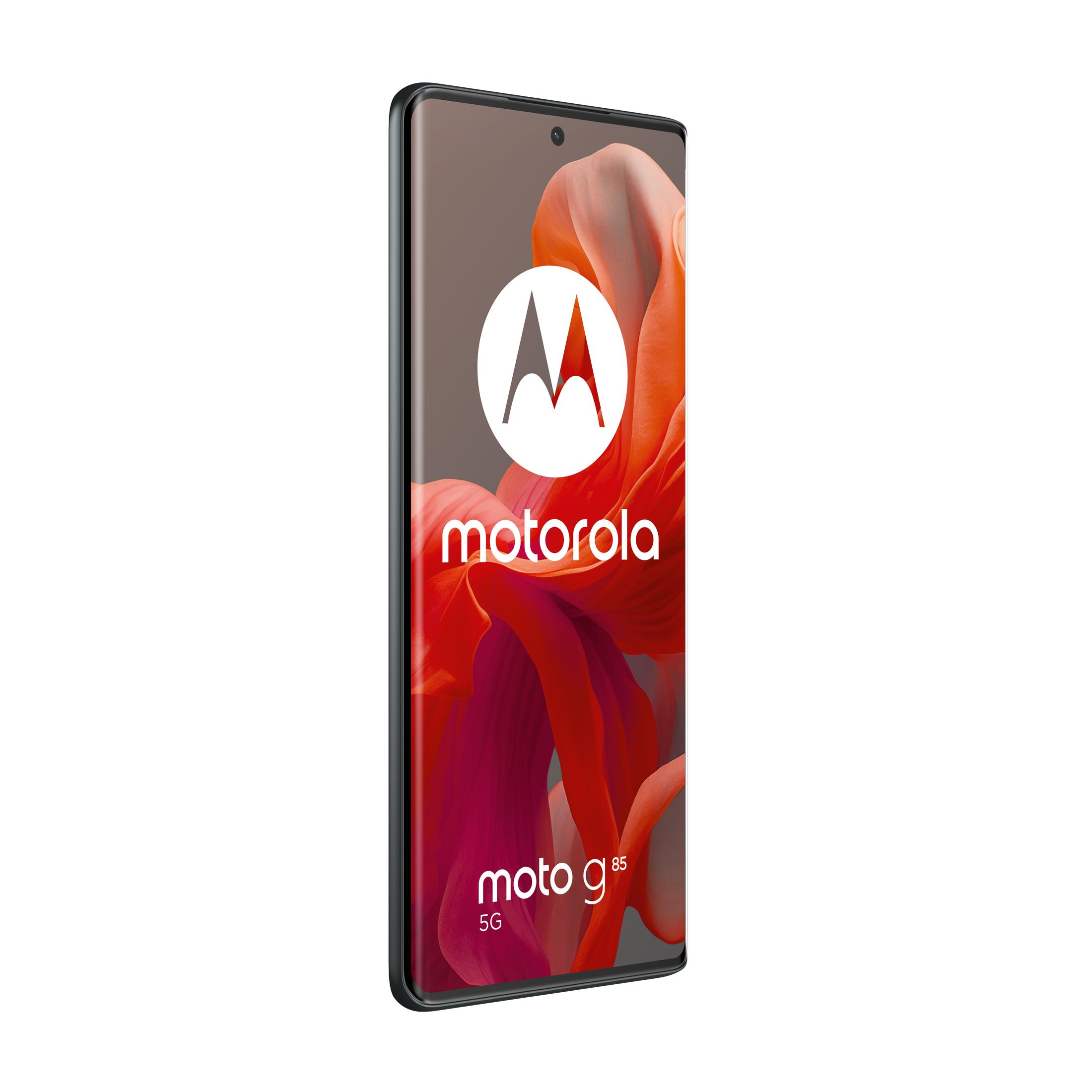 Ein schwarzes Motorola Moto G 85 5G Smartphone mit rotem, fließendem Hintergrund.