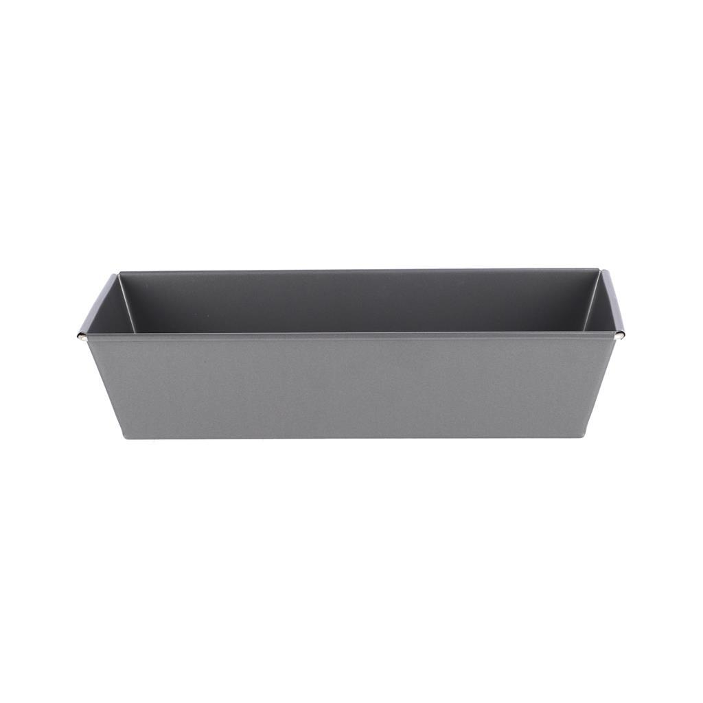 Szara prostokątna metalowa forma do pieczenia.