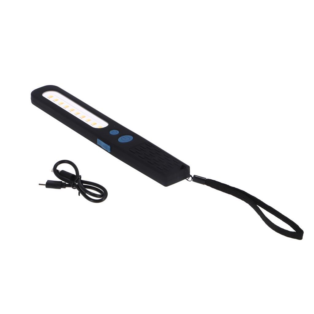 Schwarzes LED-Arbeitslicht mit USB-Kabel und Lanyard auf weißem Hintergrund.
