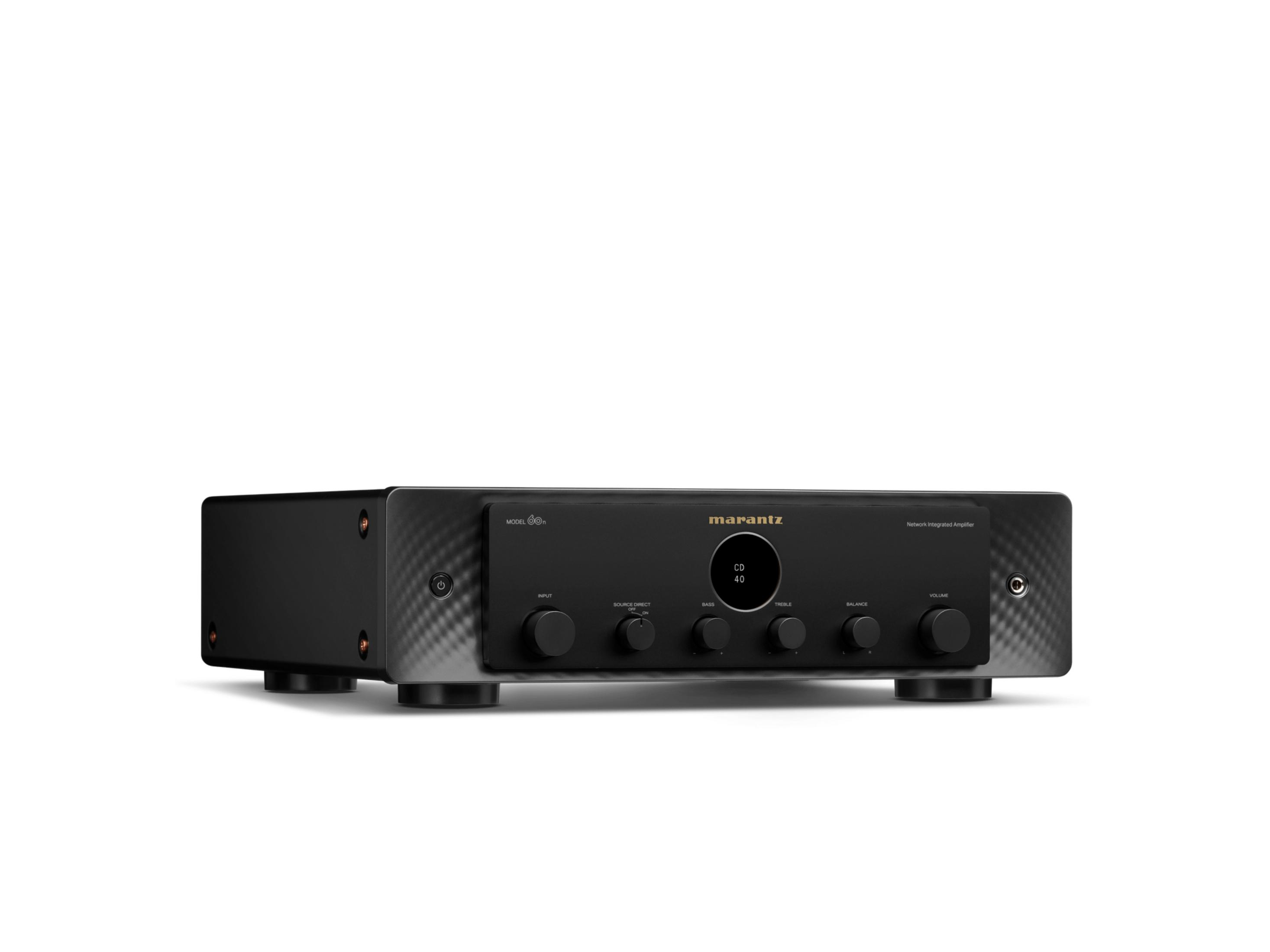 Schwarzer Marantz Verstärker mit Reglern und einem runden Display.