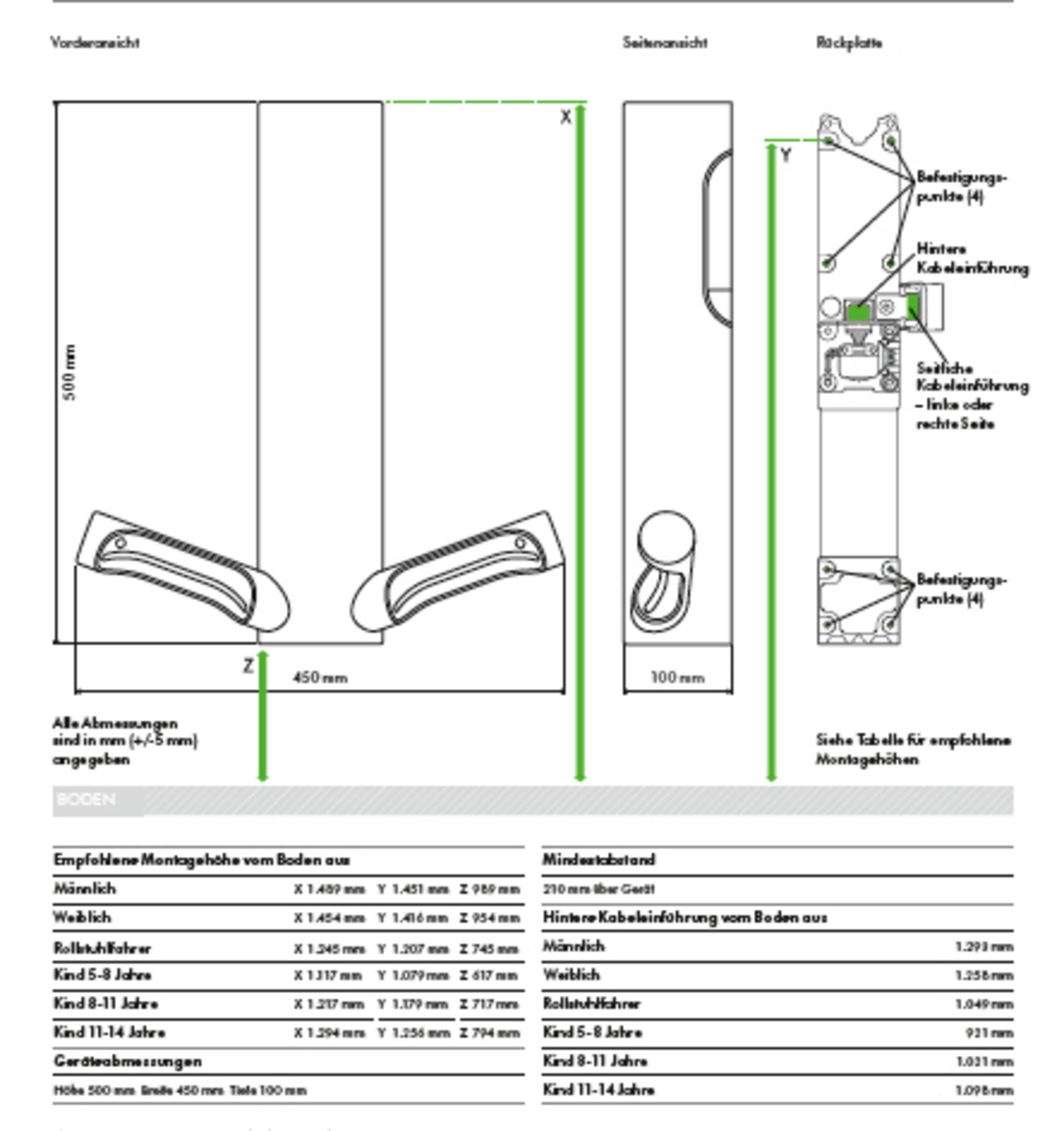 Disegno tecnico con viste, dimensioni e tabelle per altezze di montaggio.