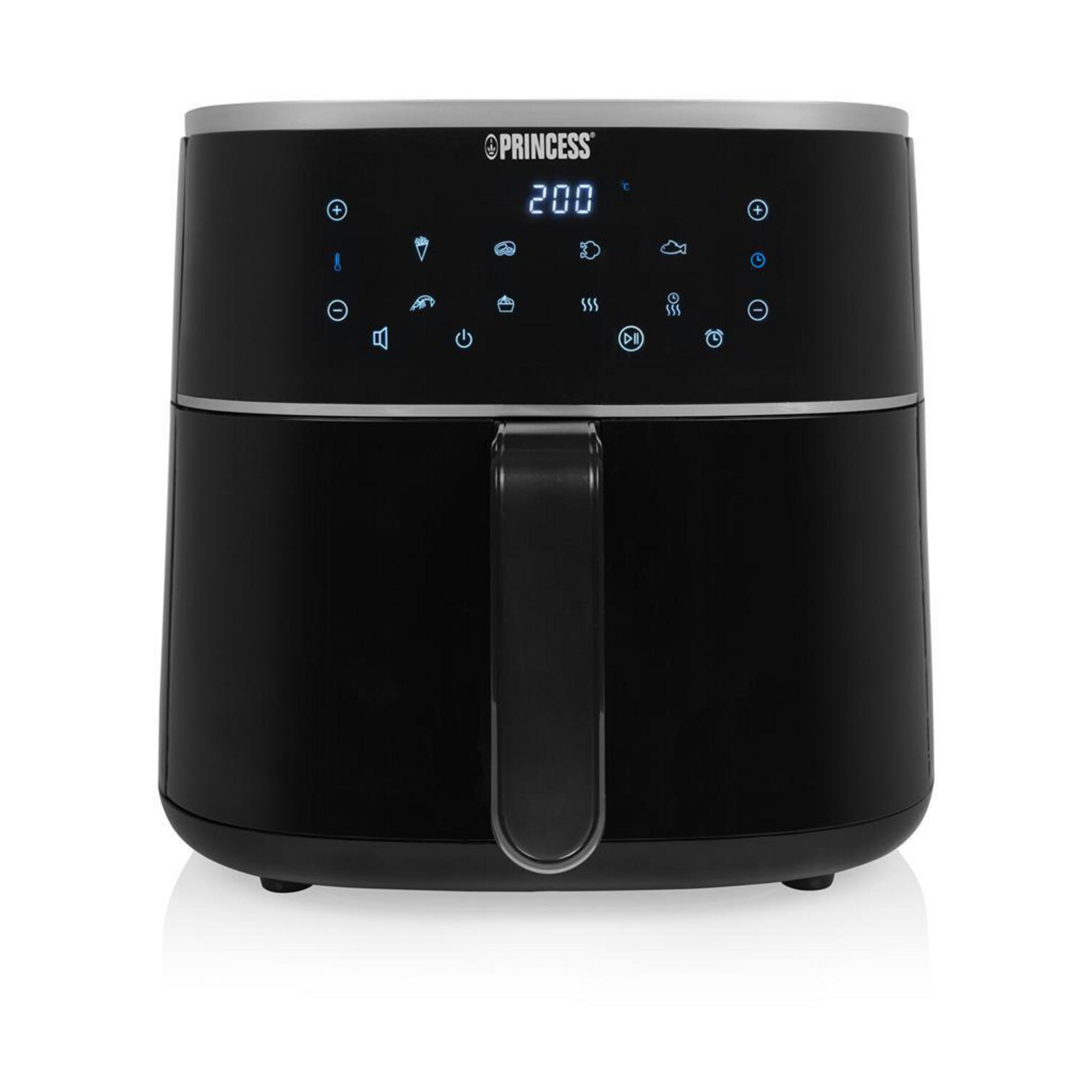 Friggitrice ad aria nera con display digitale che mostra 200 gradi.