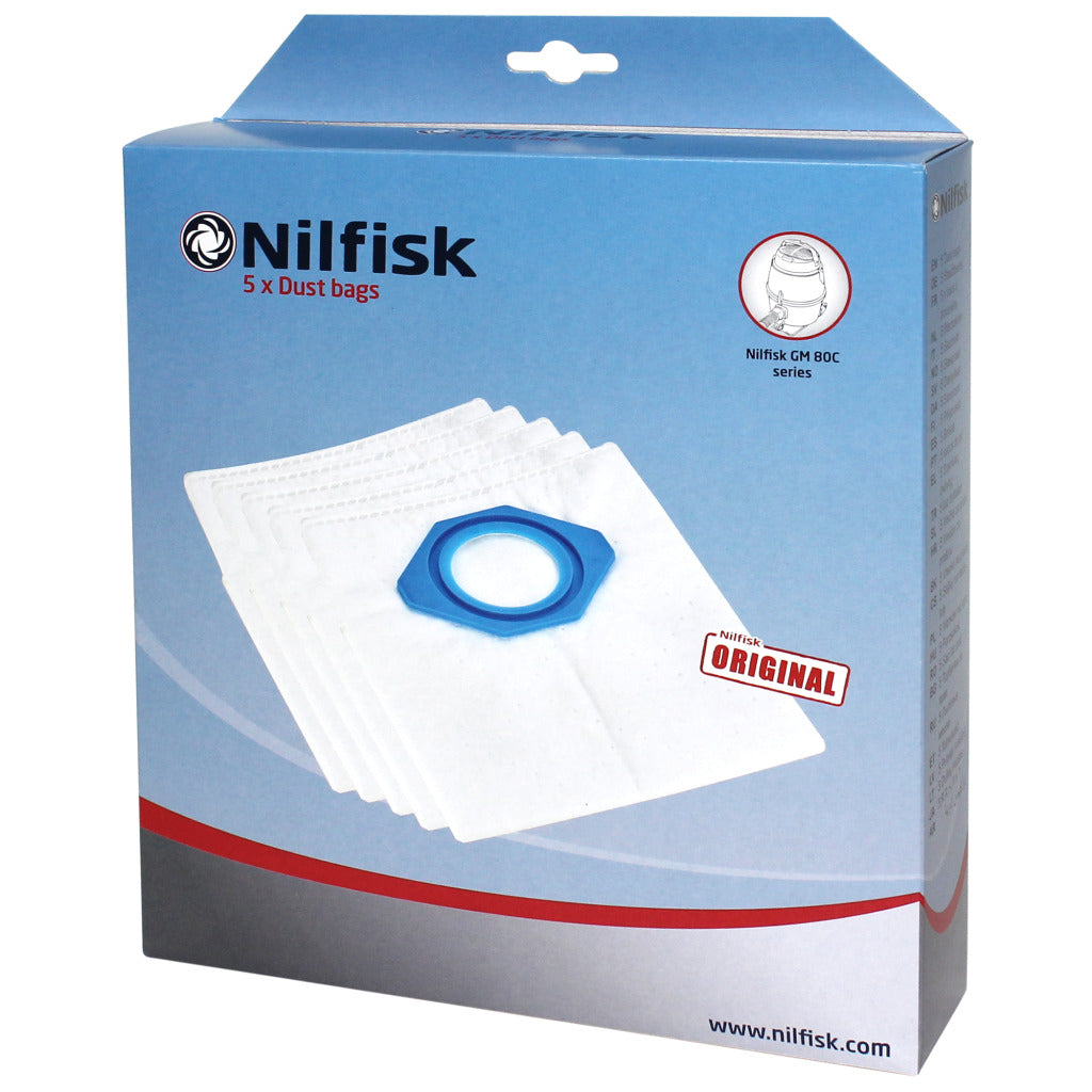 Verpackung mit 5 Nilfisk Staubbeuteln für die GM 80C Serie.