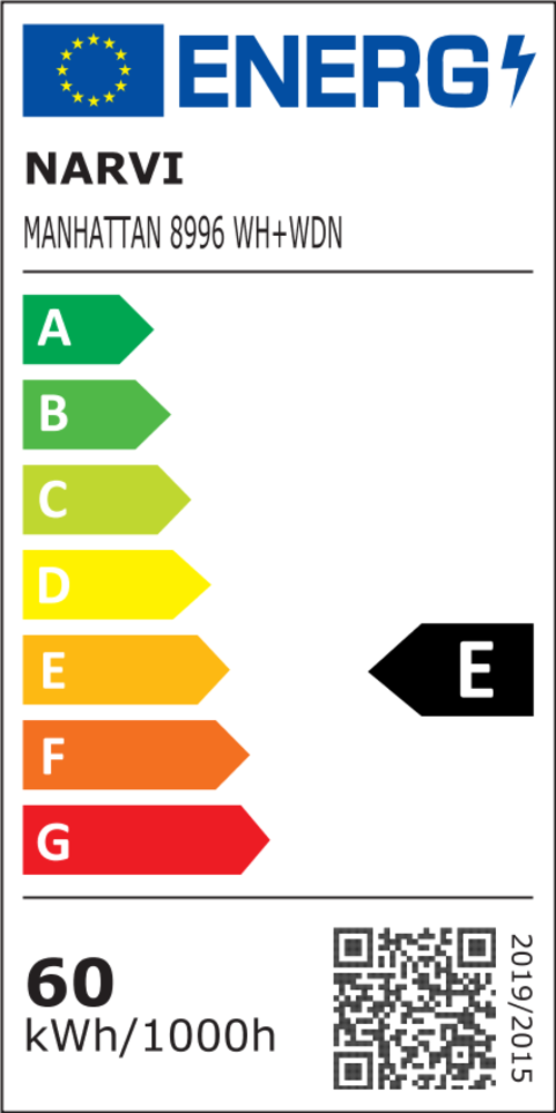 Etiqueta de eficiencia energética con NARVI, MANHATTAN 8996 WH+WDN, clase E.