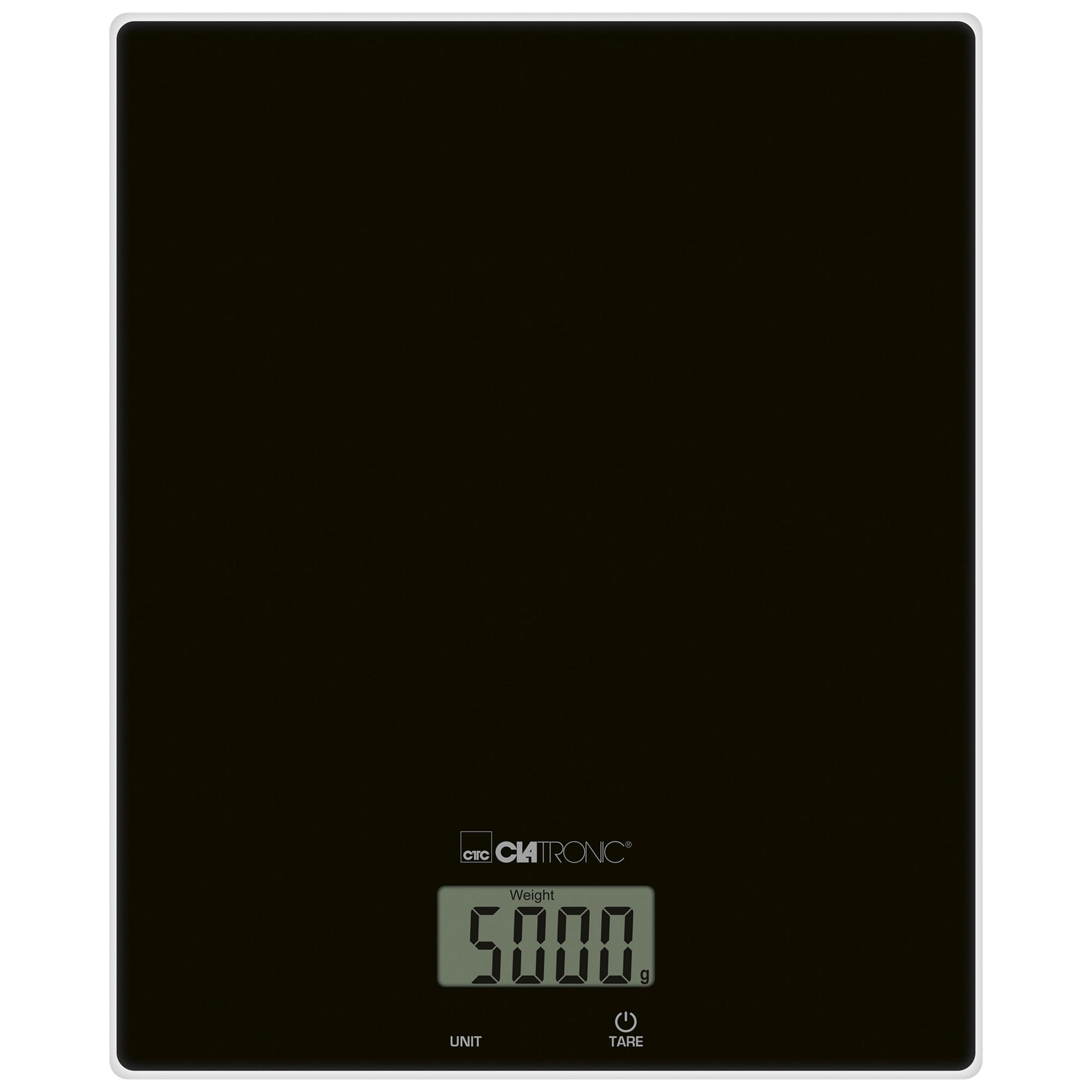 Schwarze digitale Küchenwaage mit einem Gewicht von 5000g, CLATRONIC-Logo und Tasten.
