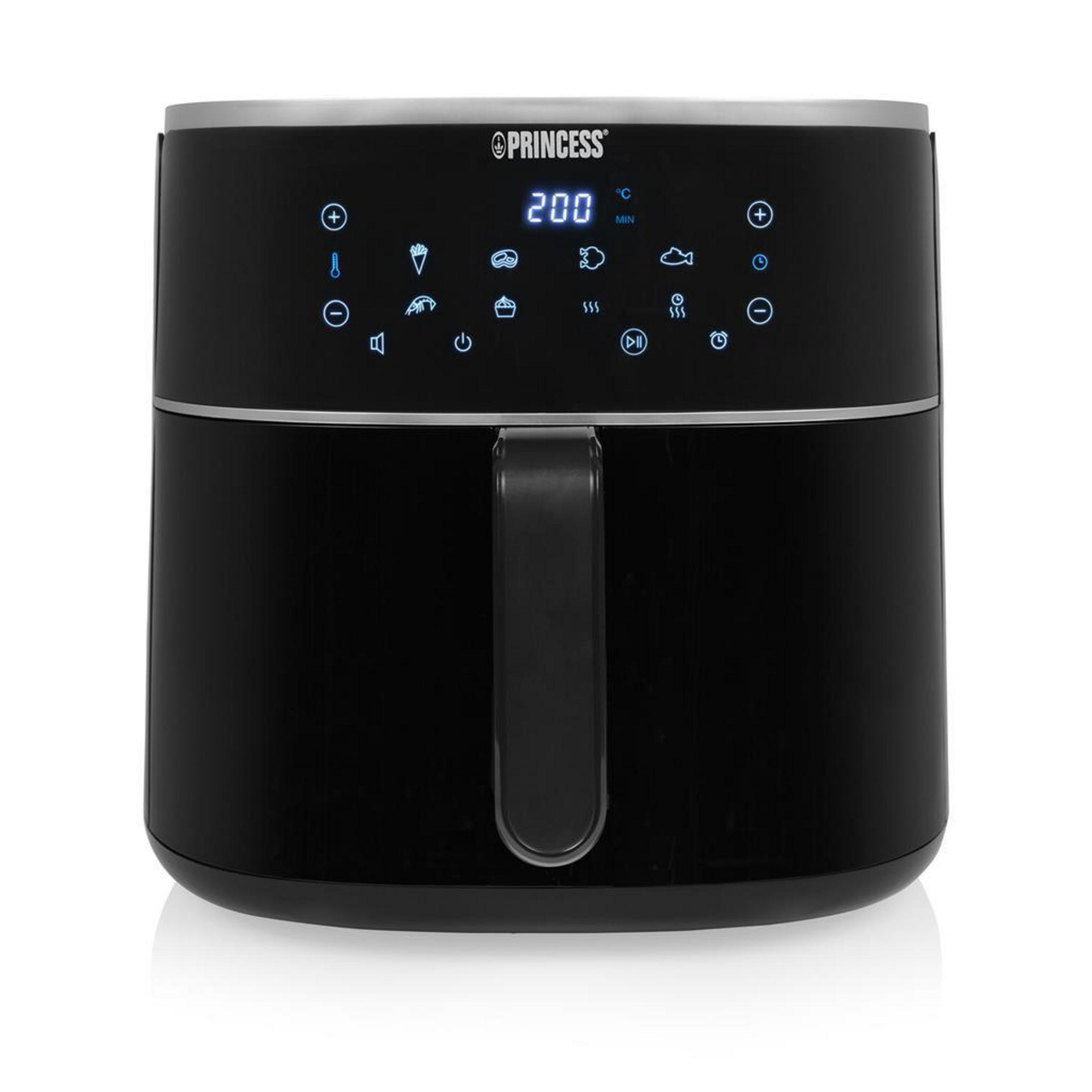 Freidora de aire Princess negra con pantalla digital que muestra 200°C e iconos.